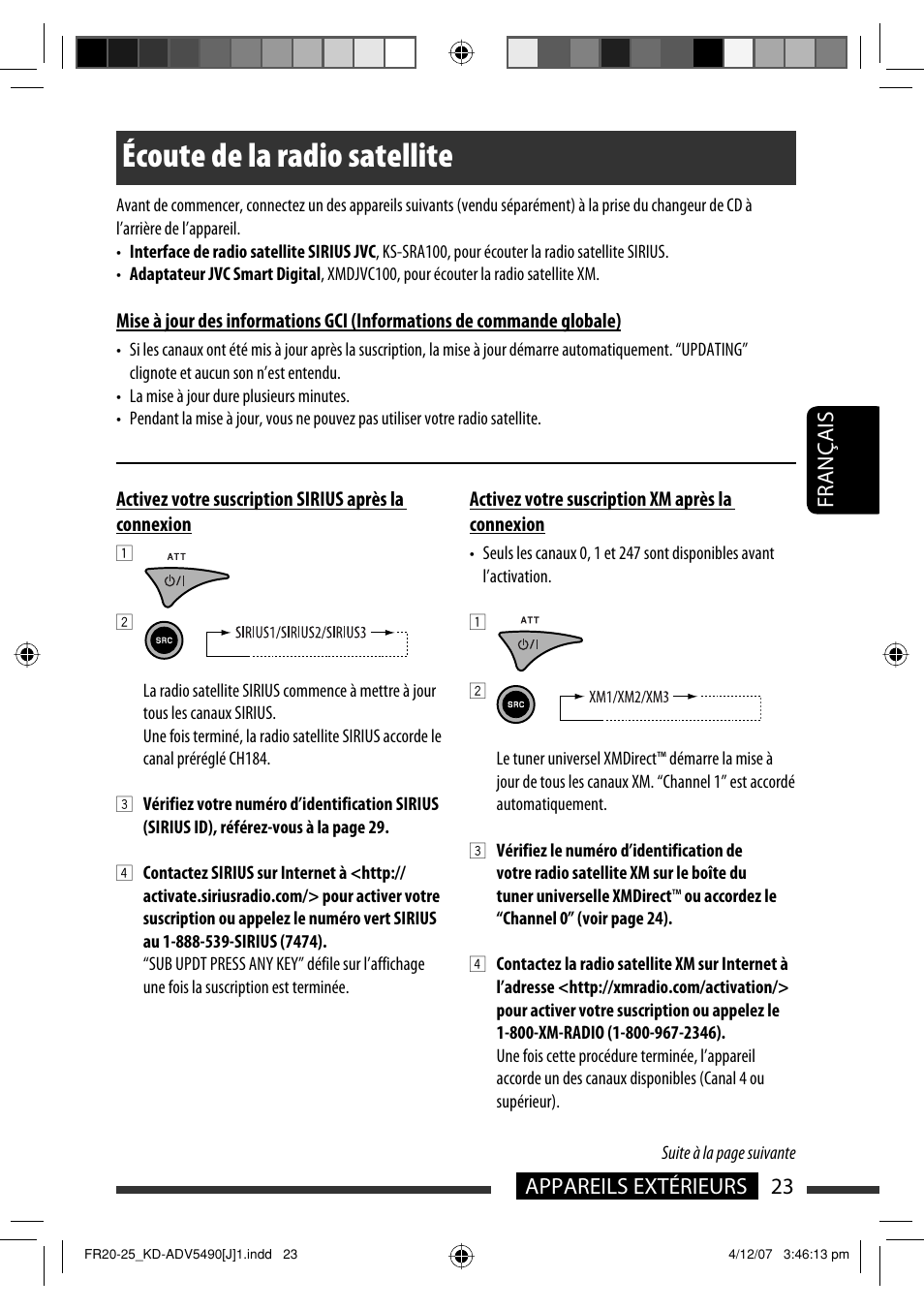 Écoute de la radio satellite, Français 23 appareils extérieurs | JVC KD-DV5400 User Manual | Page 107 / 129