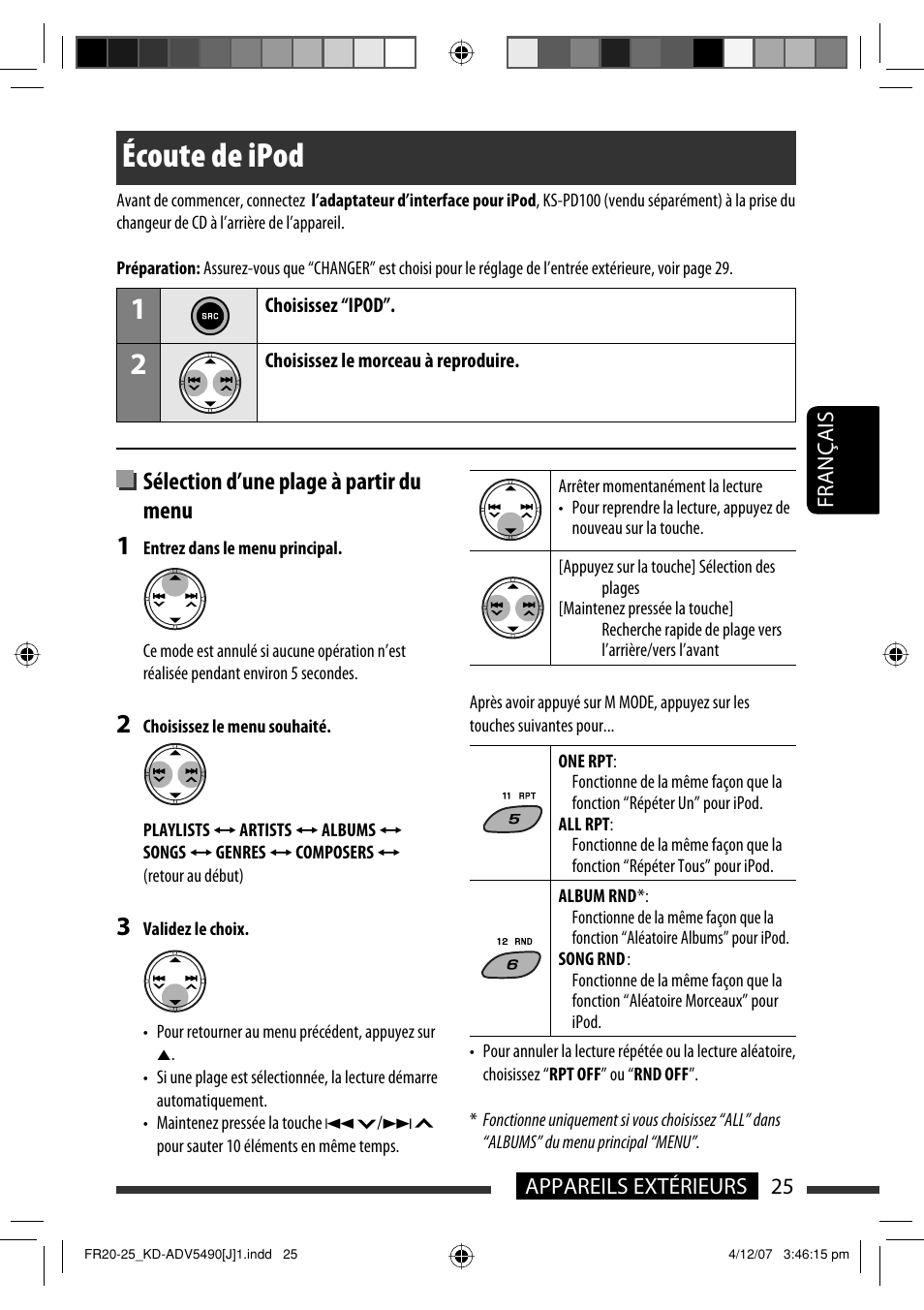 Écoute de ipod, Sélection d’une plage à partir du menu | JVC KD-DV5400 User Manual | Page 109 / 129