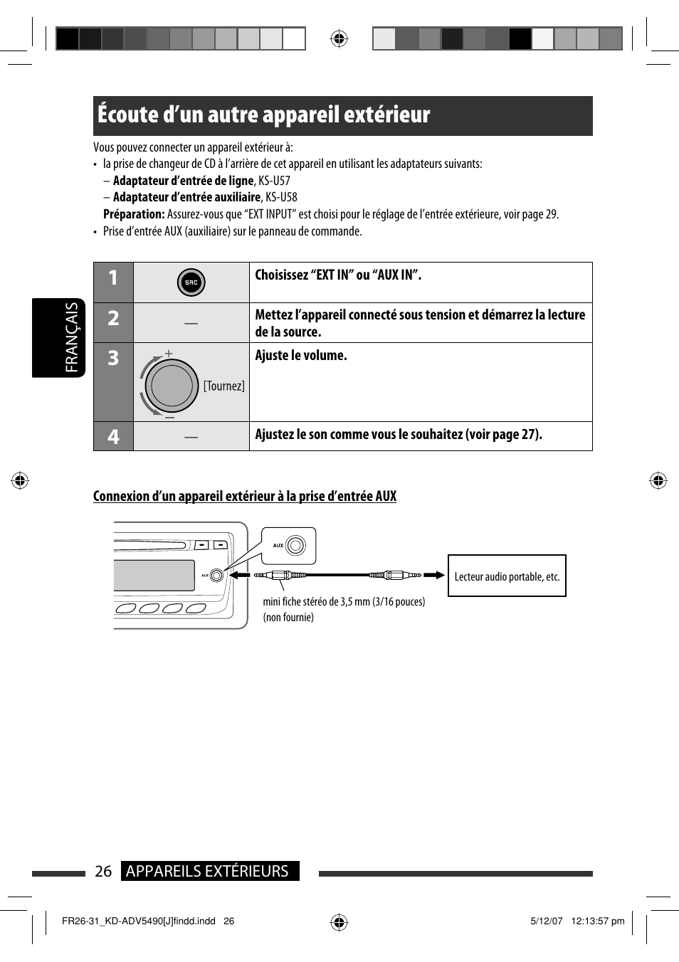 Écoute d’un autre appareil extérieur | JVC KD-DV5400 User Manual | Page 110 / 129