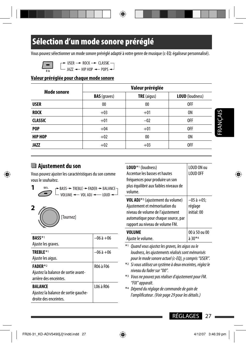 Sélection d’un mode sonore préréglé, Ajustement du son, Français 27 réglages | JVC KD-DV5400 User Manual | Page 111 / 129