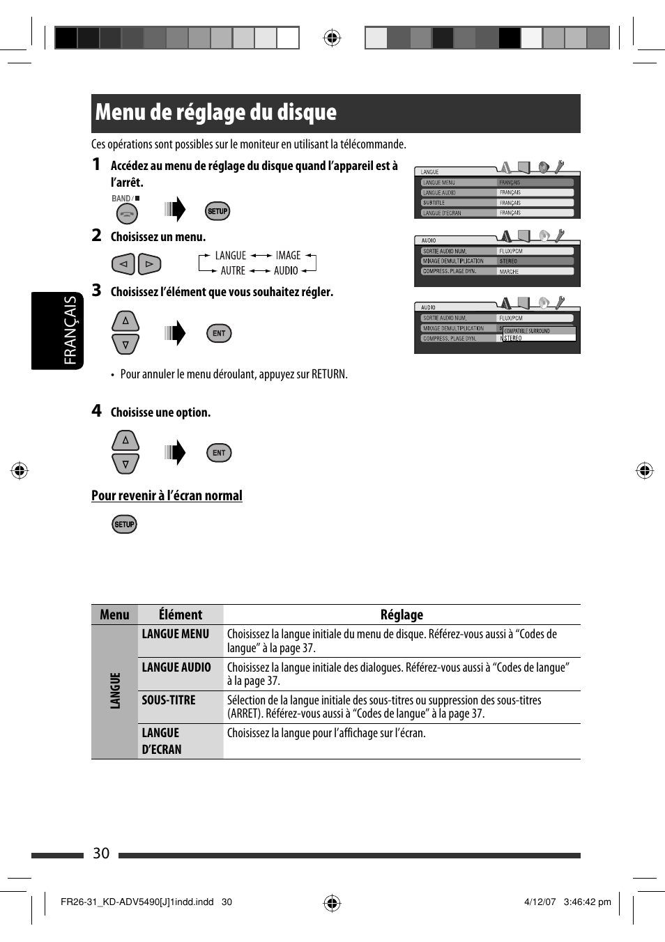 Menu de réglage du disque | JVC KD-DV5400 User Manual | Page 114 / 129