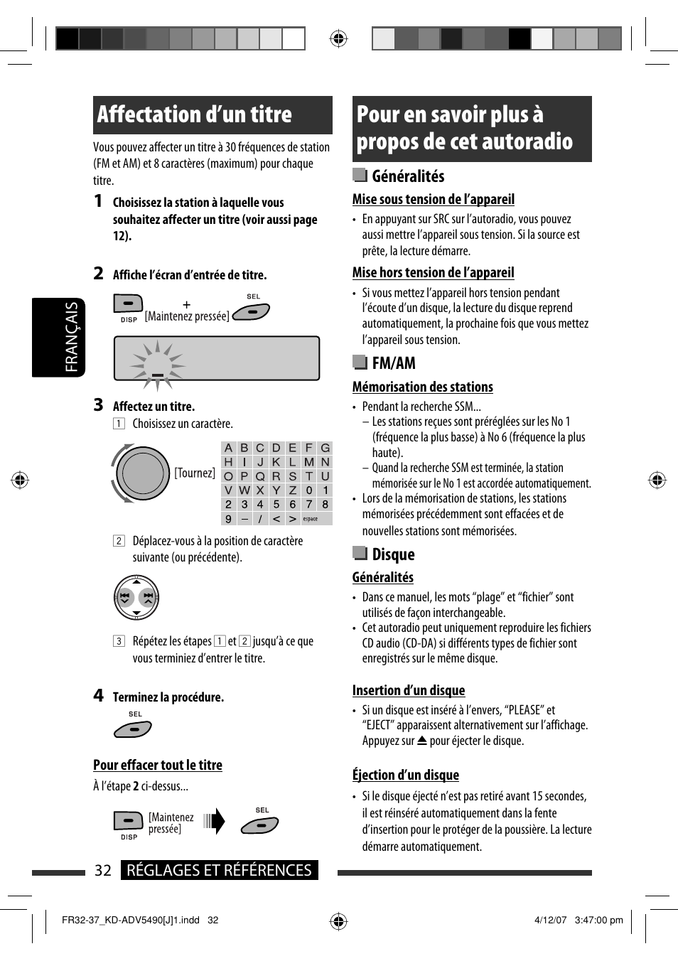 Affectation d’un titre, Pour en savoir plus à propos de cet autoradio, Généralités | Fm/am, Disque | JVC KD-DV5400 User Manual | Page 116 / 129