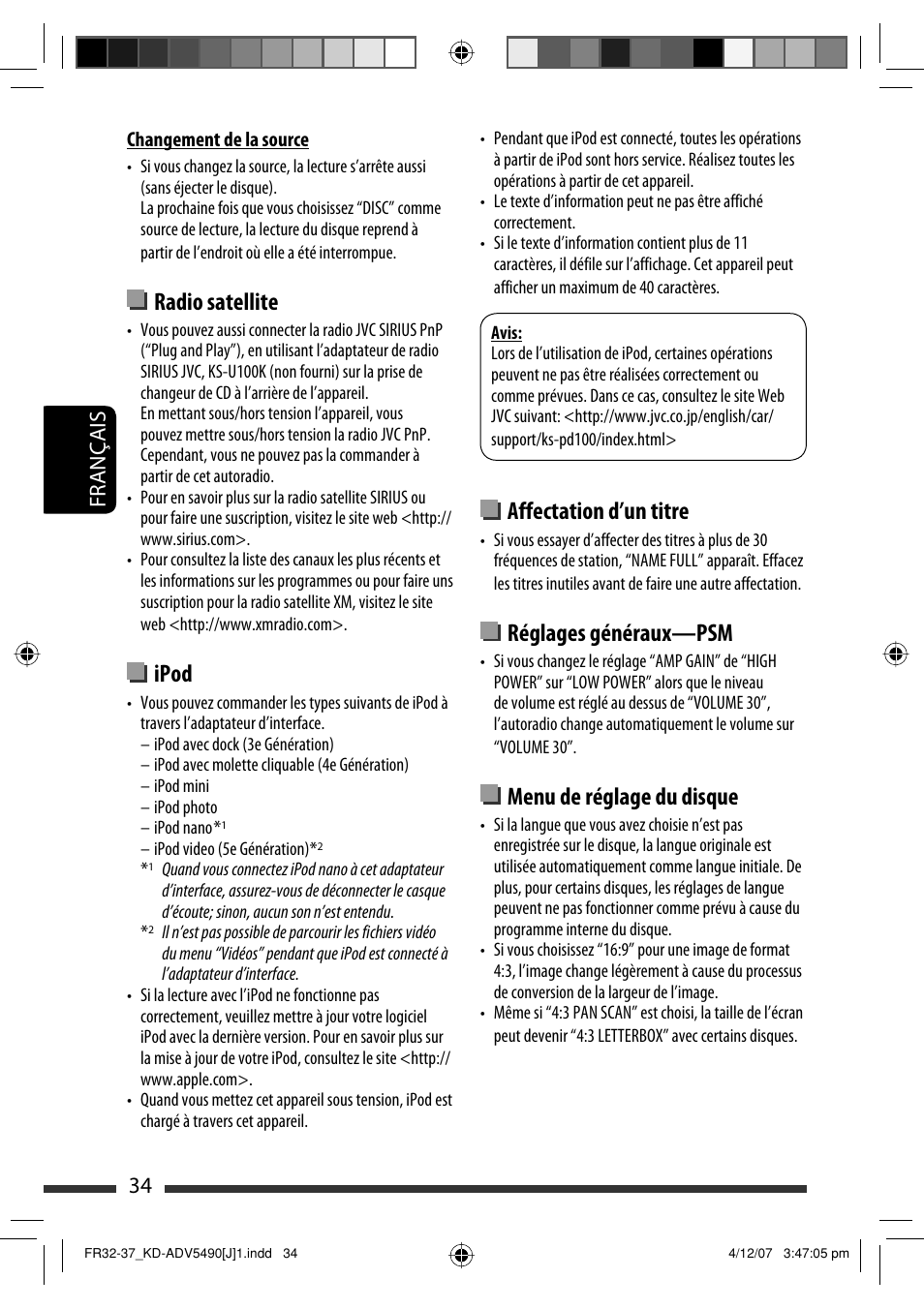 Radio satellite, Ipod, Affectation d’un titre | Réglages généraux—psm, Menu de réglage du disque, Français 34 | JVC KD-DV5400 User Manual | Page 118 / 129