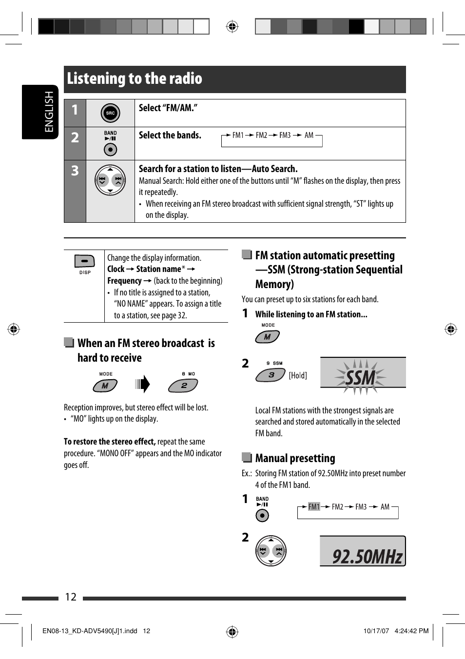 Listening to the radio, When an fm stereo broadcast is hard to receive, Manual presetting | JVC KD-DV5400 User Manual | Page 12 / 129