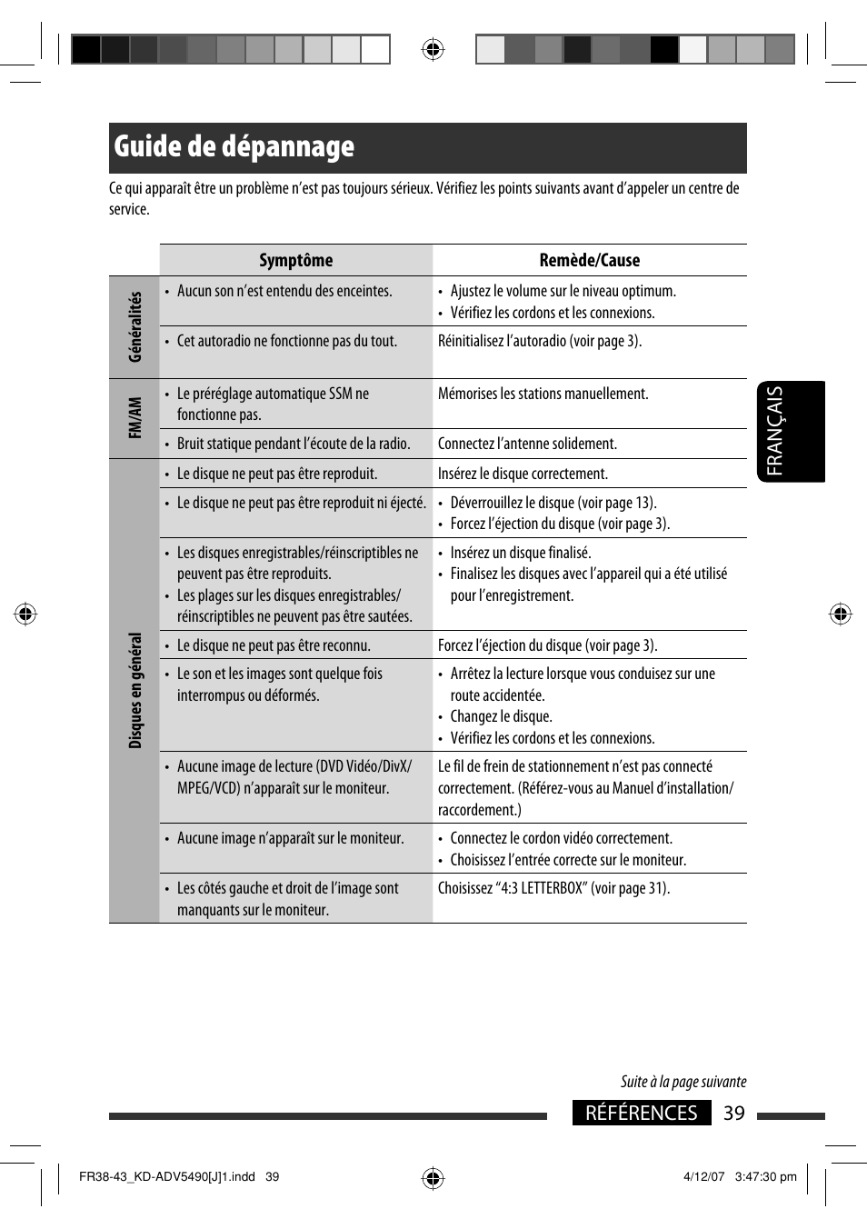 Guide de dépannage, Français 39 références | JVC KD-DV5400 User Manual | Page 123 / 129