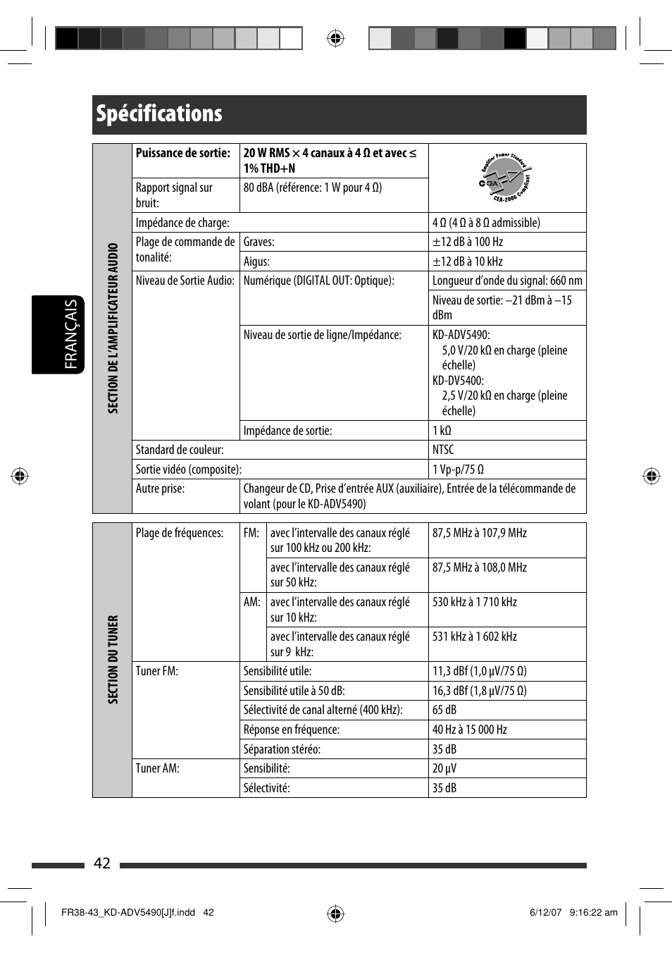 Spécifications, Français 42 | JVC KD-DV5400 User Manual | Page 126 / 129