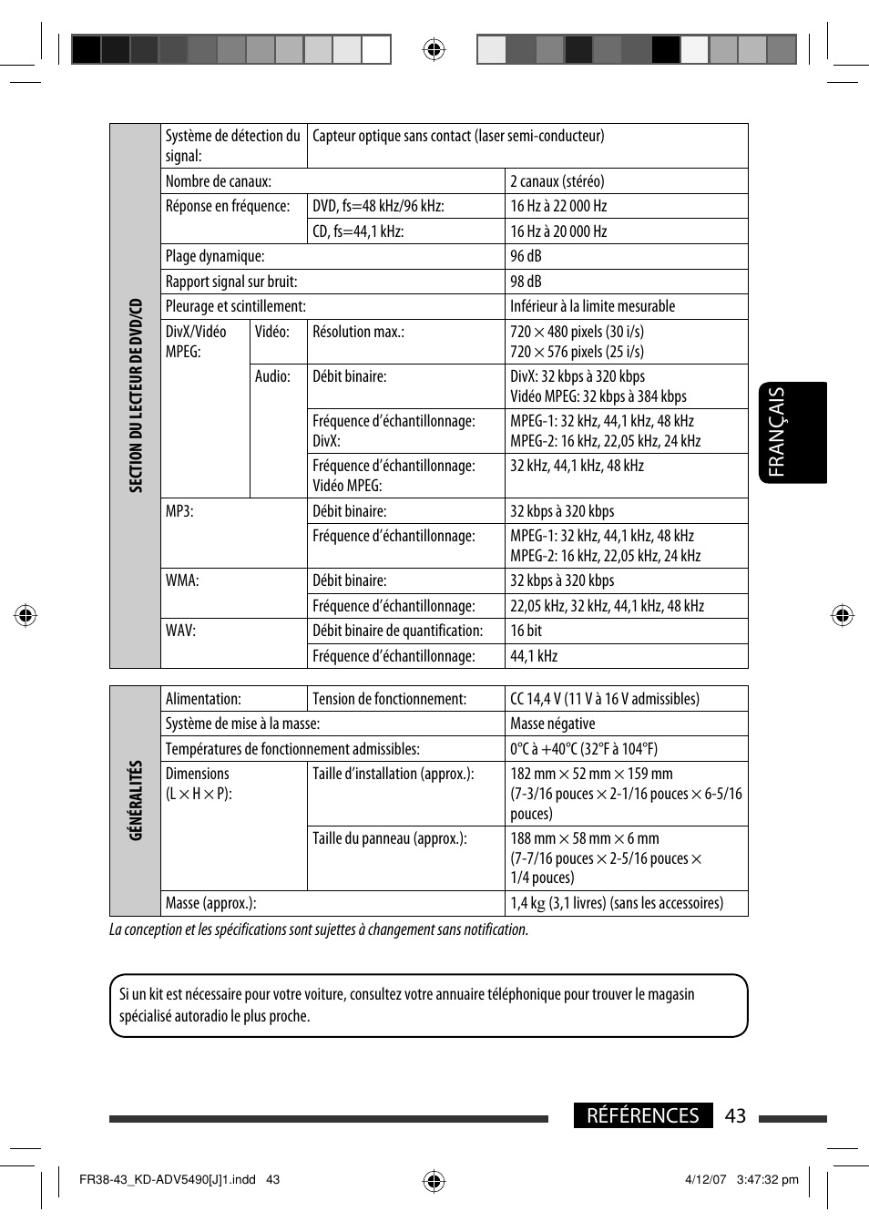 Français 43 références | JVC KD-DV5400 User Manual | Page 127 / 129