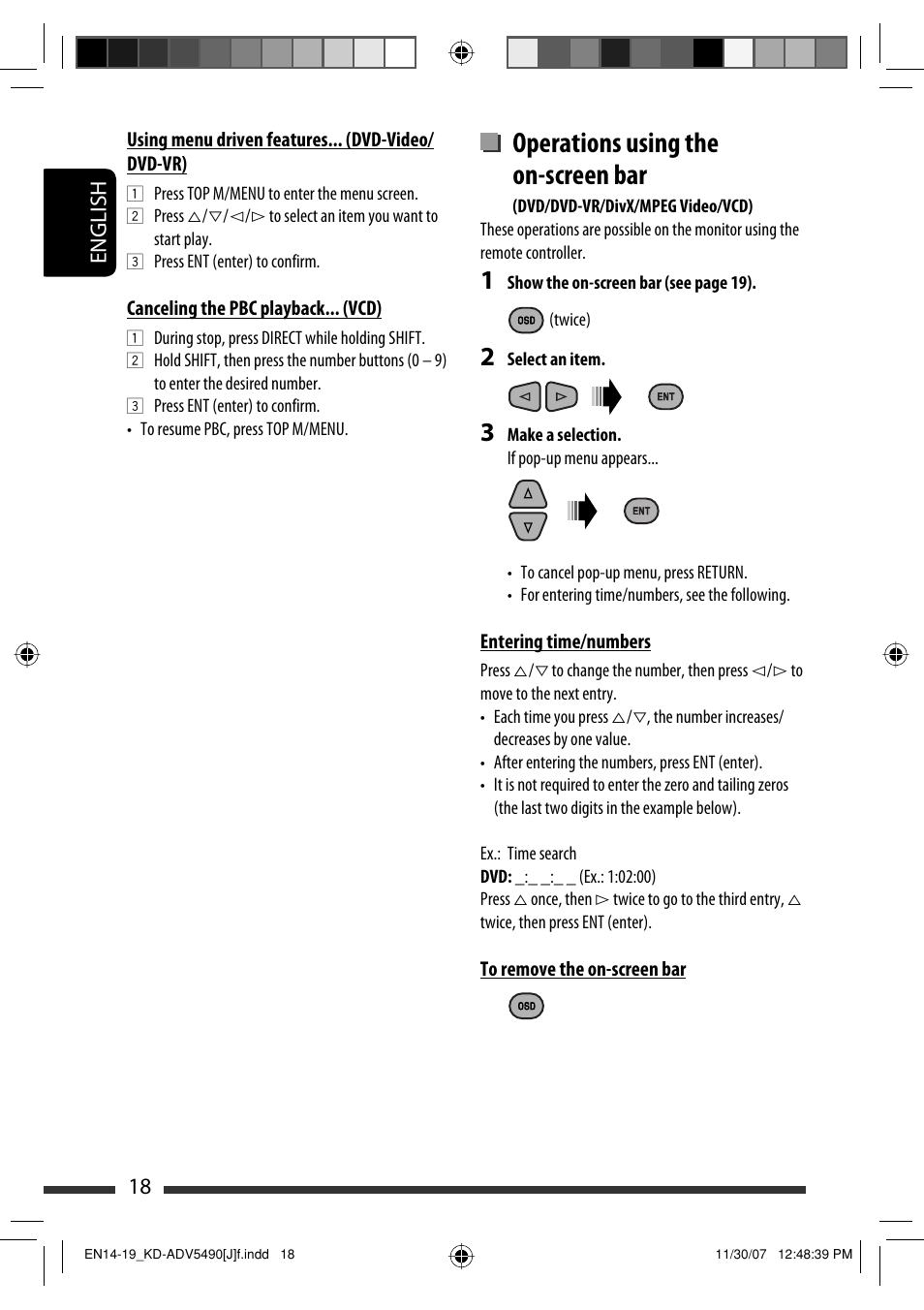 Operations using the on-screen bar, English 18 | JVC KD-DV5400 User Manual | Page 18 / 129