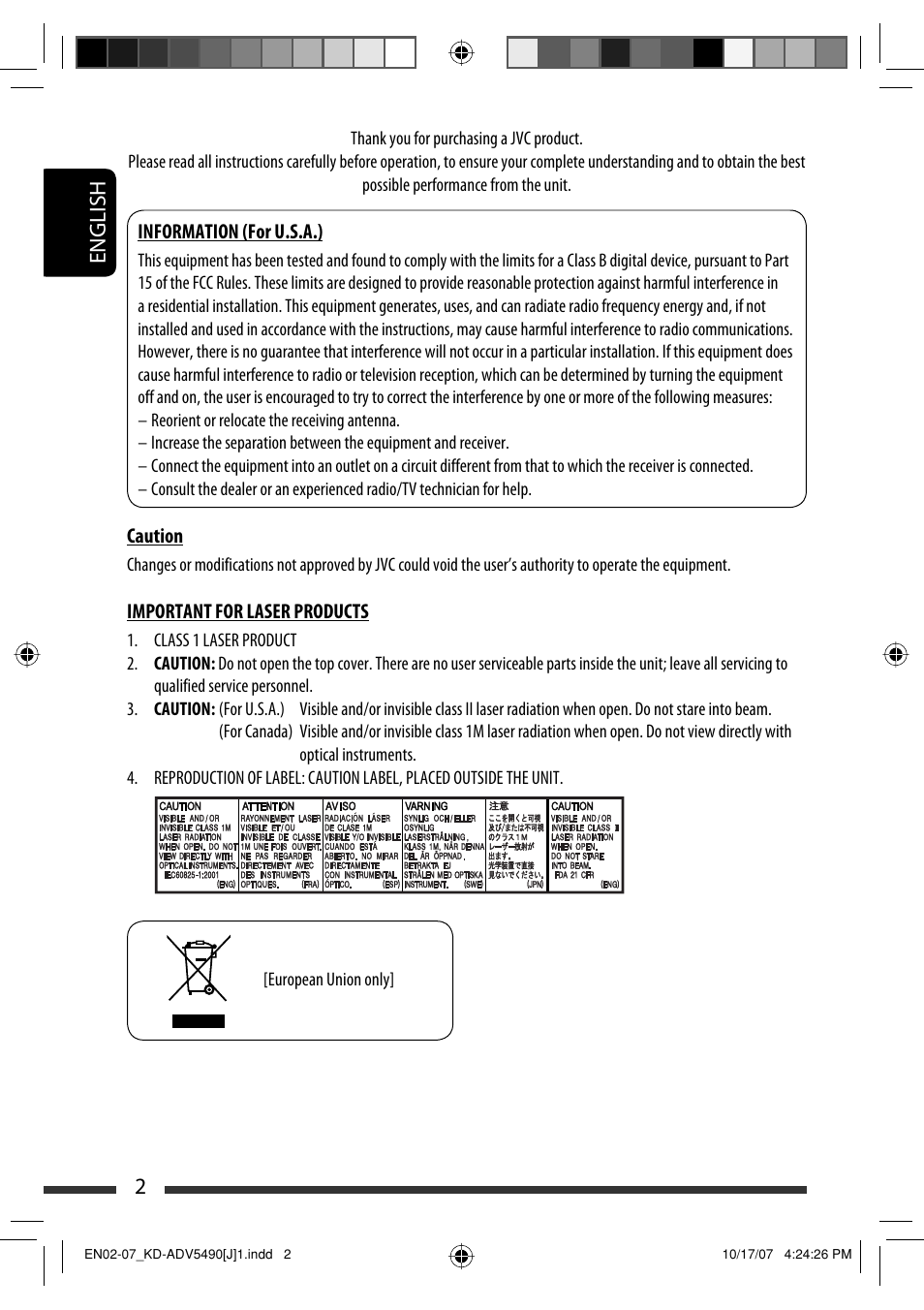 English 2 | JVC KD-DV5400 User Manual | Page 2 / 129