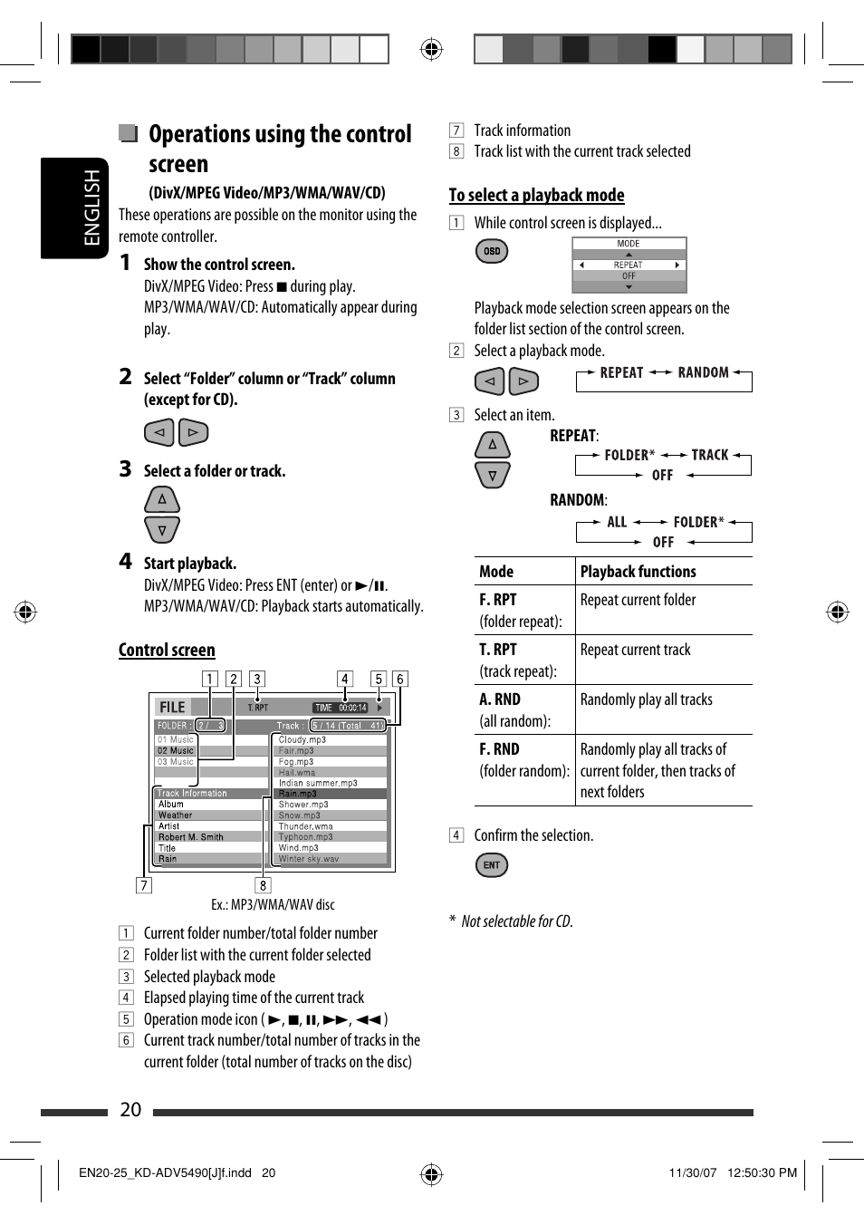 Operations using the control screen, English 20 | JVC KD-DV5400 User Manual | Page 20 / 129