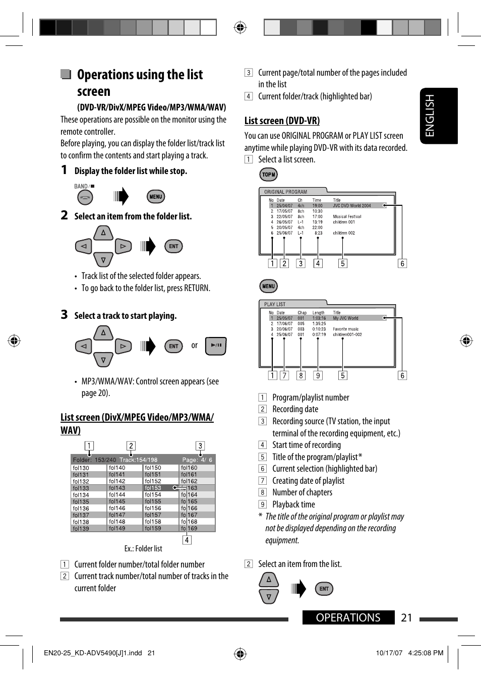 Operations using the list screen, English 21 operations | JVC KD-DV5400 User Manual | Page 21 / 129