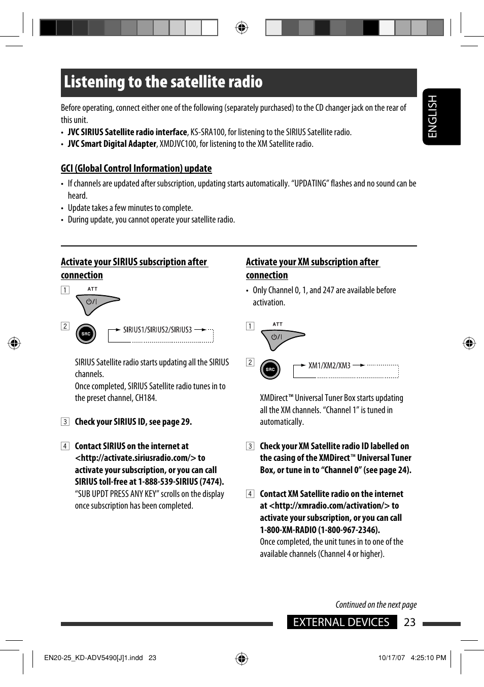 Listening to the satellite radio, English 23 external devices | JVC KD-DV5400 User Manual | Page 23 / 129