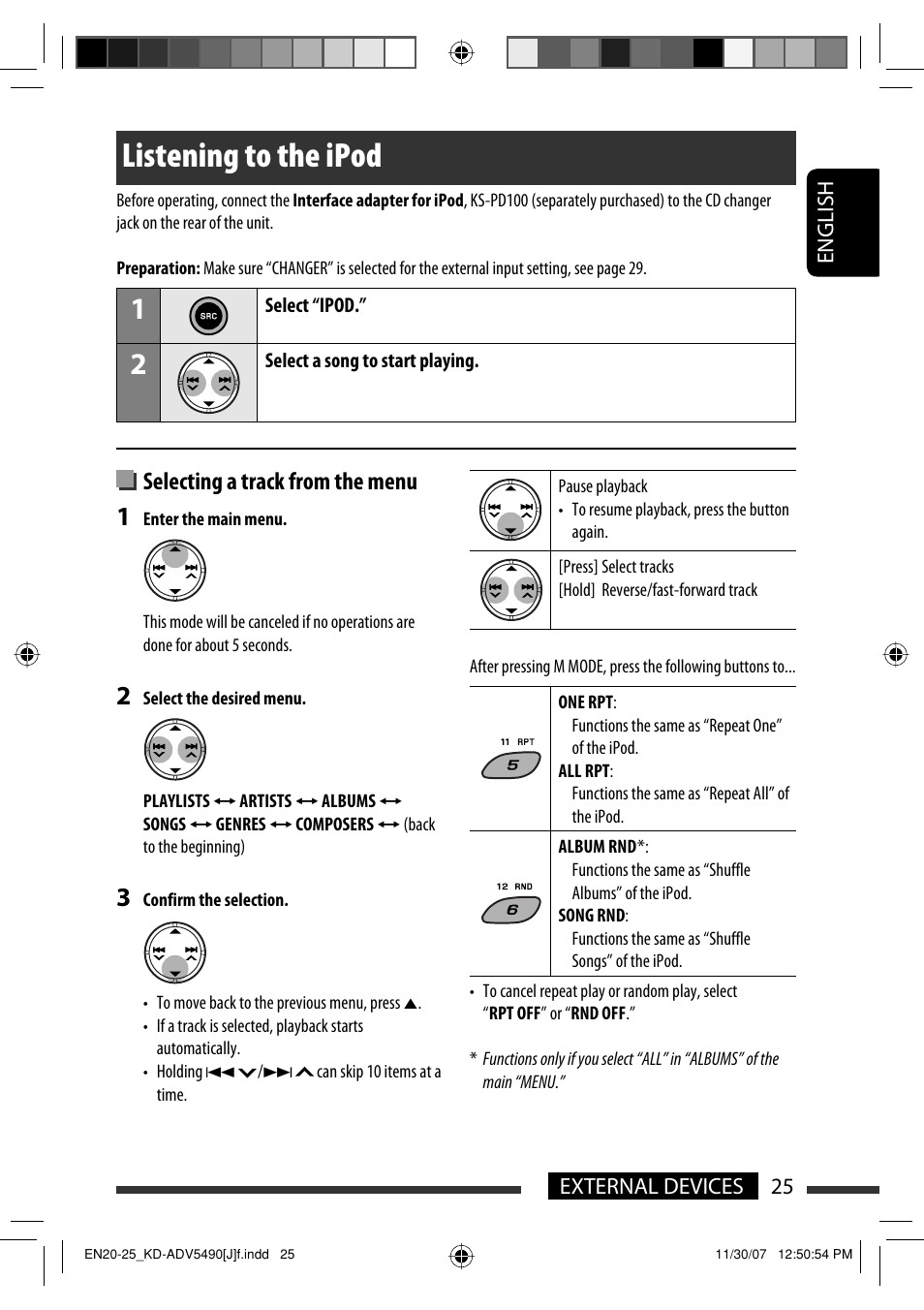 Listening to the ipod, Selecting a track from the menu | JVC KD-DV5400 User Manual | Page 25 / 129