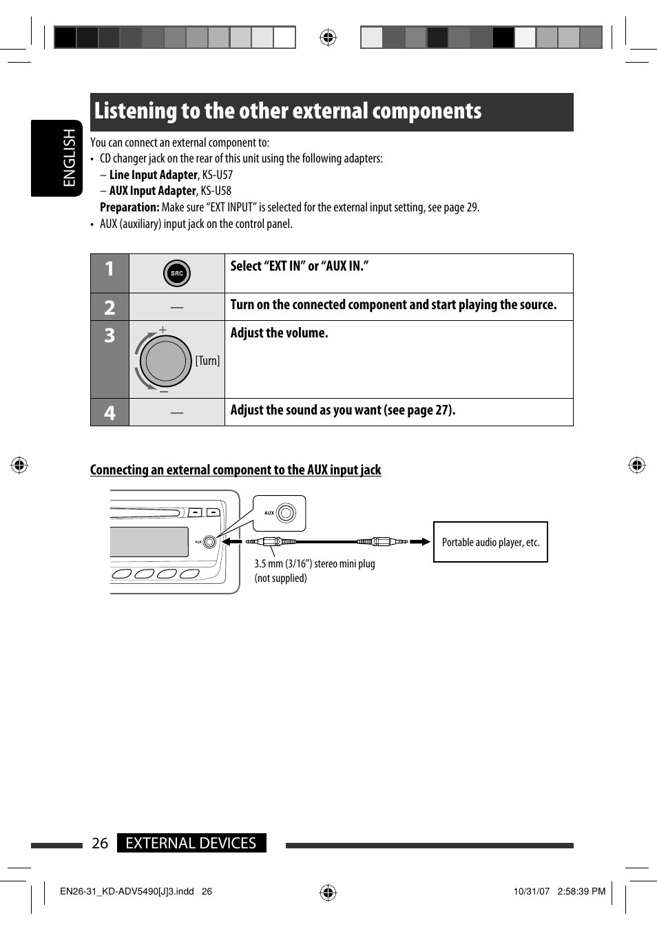 Listening to the other external components | JVC KD-DV5400 User Manual | Page 26 / 129