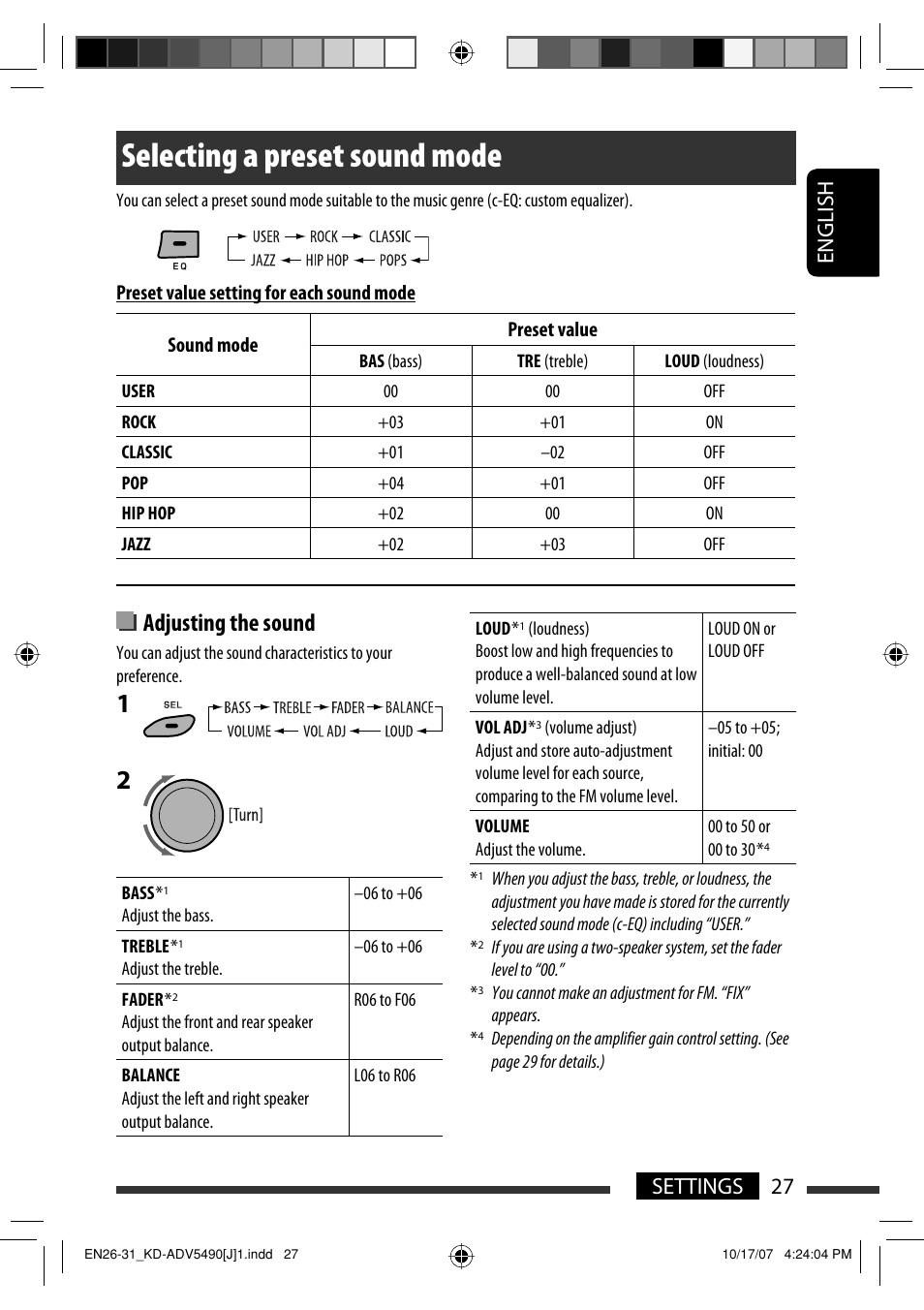 Selecting a preset sound mode, Adjusting the sound, English 27 settings | JVC KD-DV5400 User Manual | Page 27 / 129