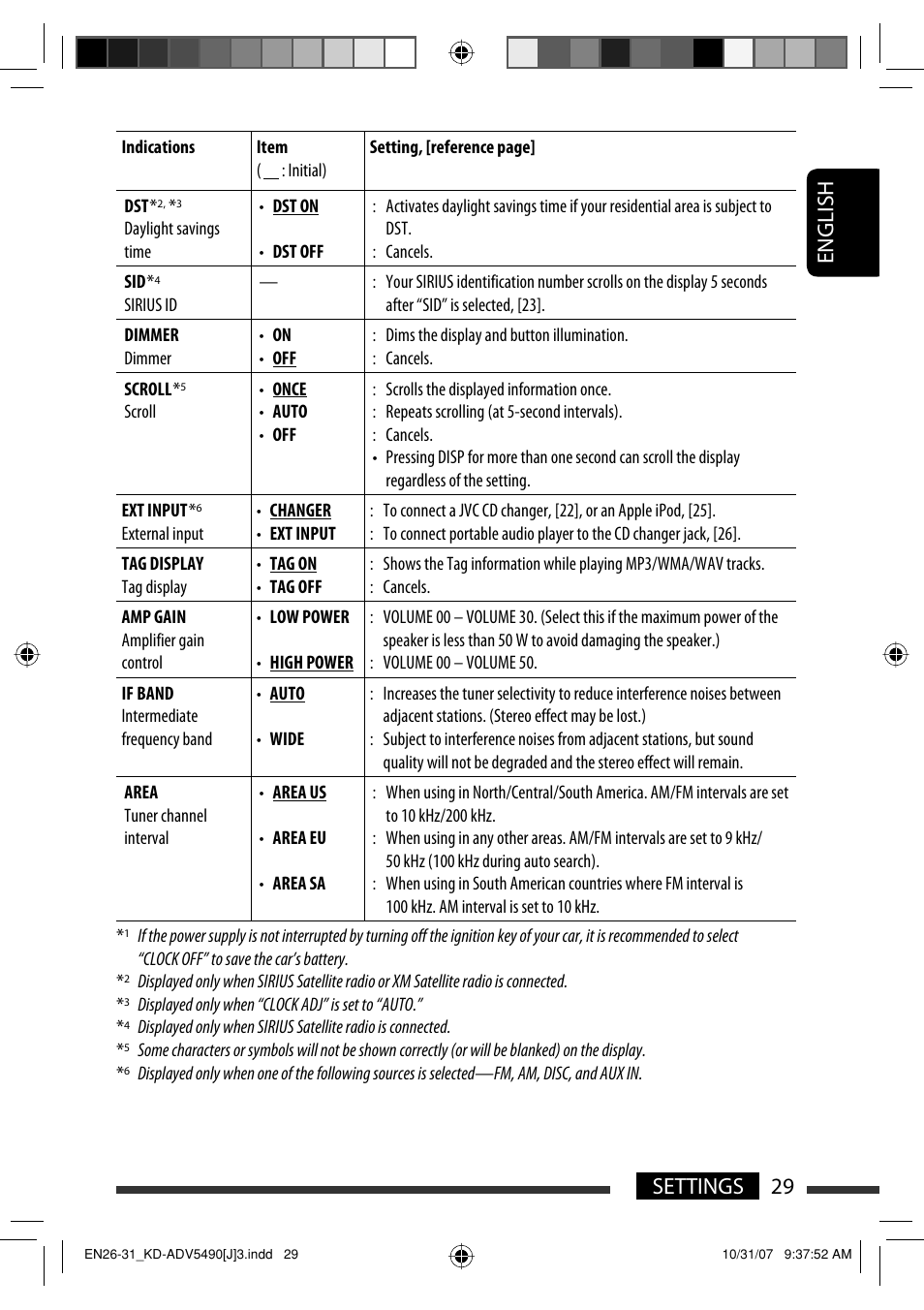 English 29 settings | JVC KD-DV5400 User Manual | Page 29 / 129