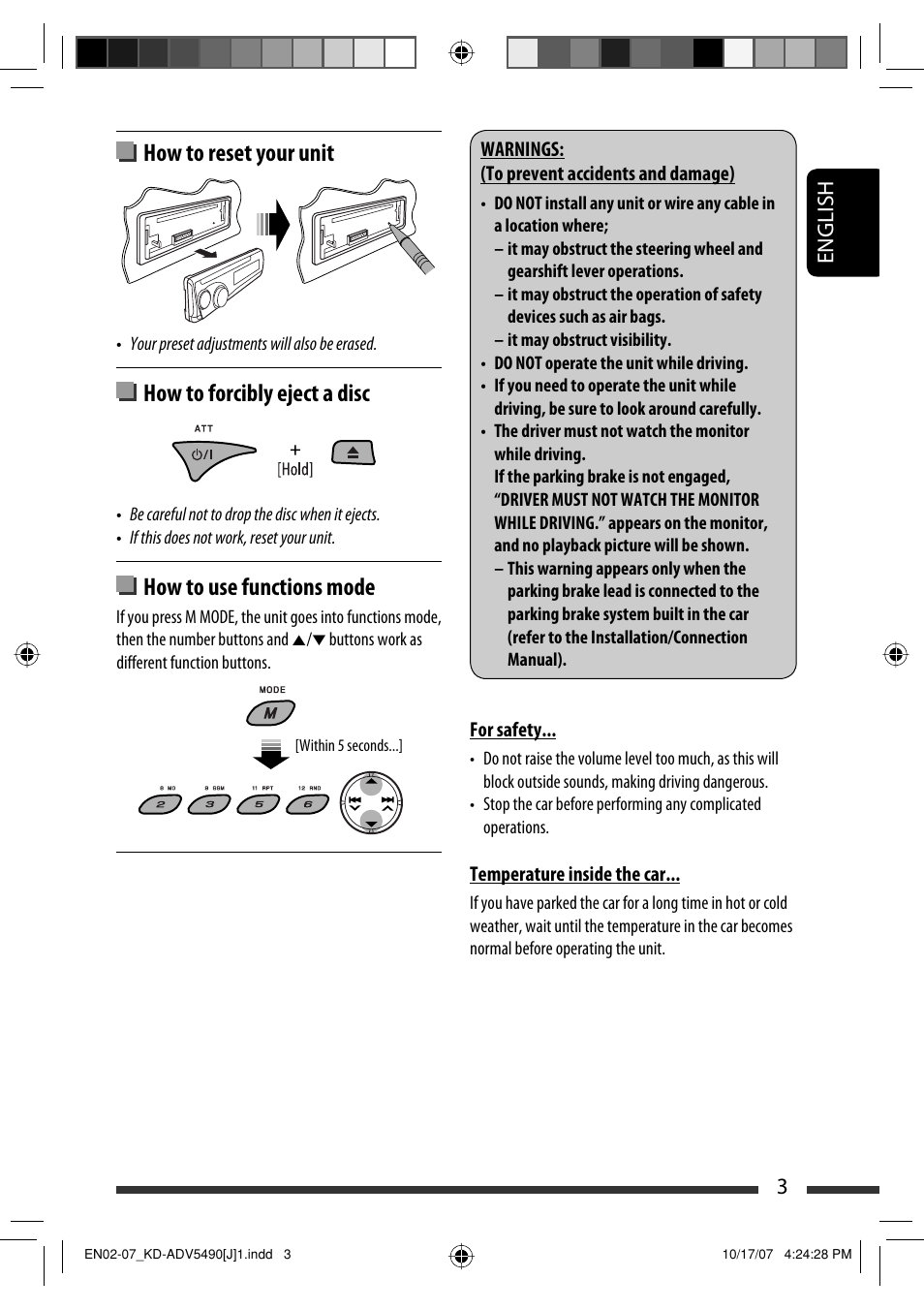 How to reset your unit, How to forcibly eject a disc, How to use functions mode | English 3 | JVC KD-DV5400 User Manual | Page 3 / 129