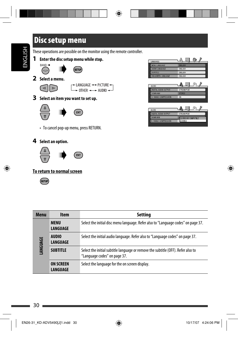 Disc setup menu | JVC KD-DV5400 User Manual | Page 30 / 129