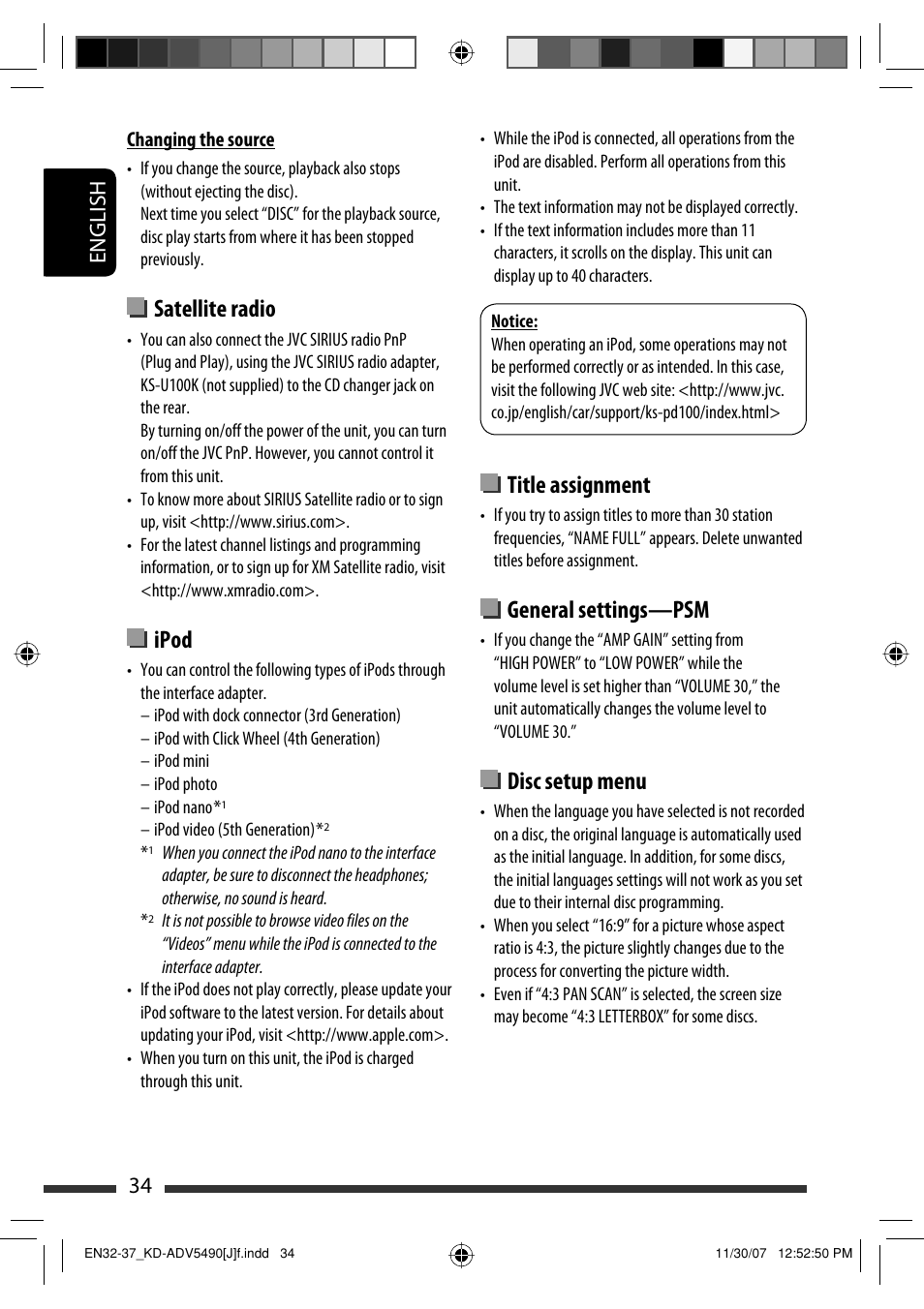 Satellite radio, Ipod, Title assignment | General settings—psm, Disc setup menu, English 34 | JVC KD-DV5400 User Manual | Page 34 / 129