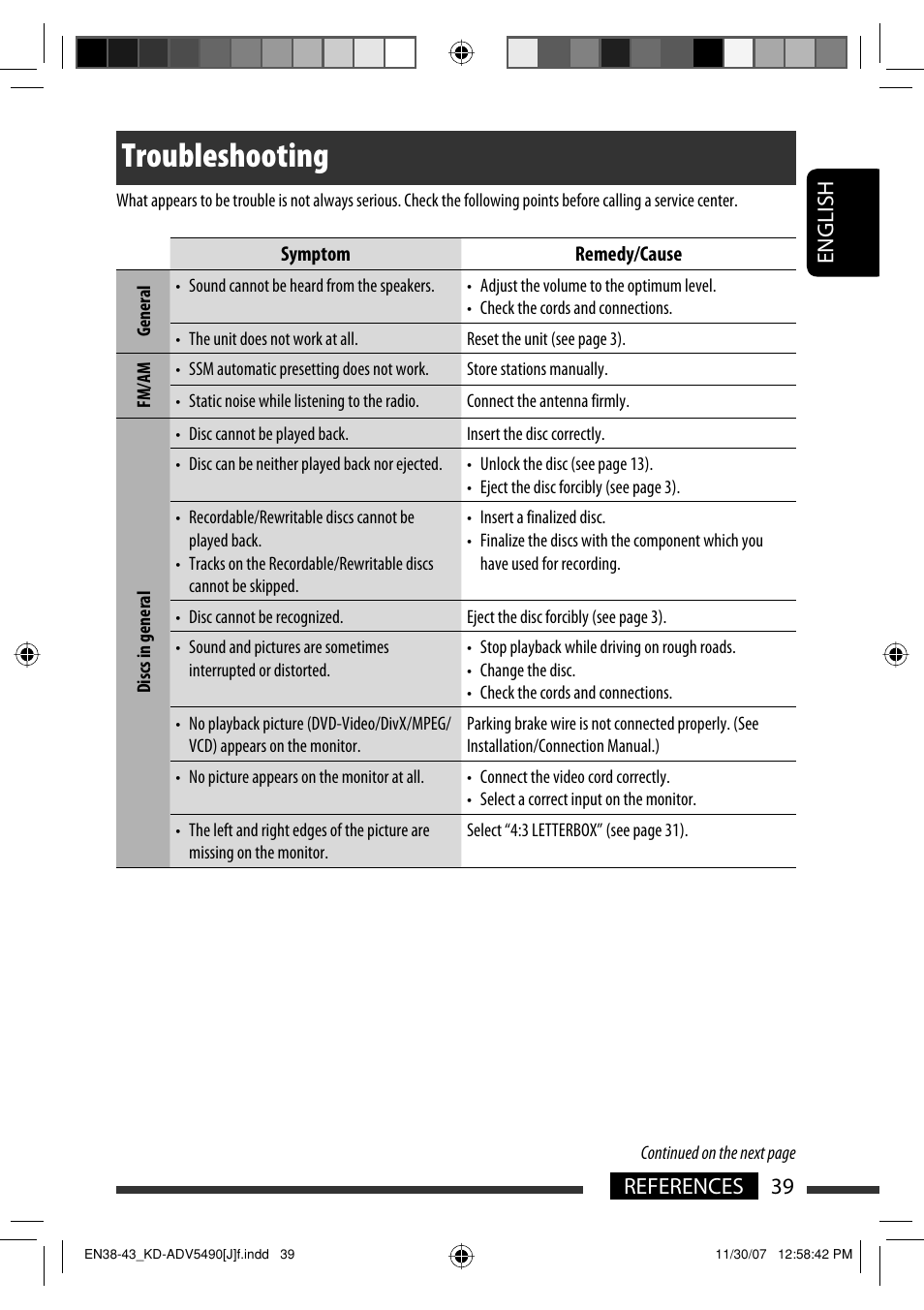 Troubleshooting, English 39 references | JVC KD-DV5400 User Manual | Page 39 / 129