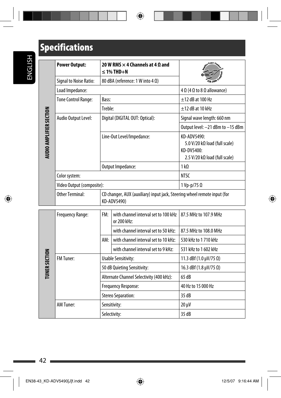 Specifications, English 42 | JVC KD-DV5400 User Manual | Page 42 / 129