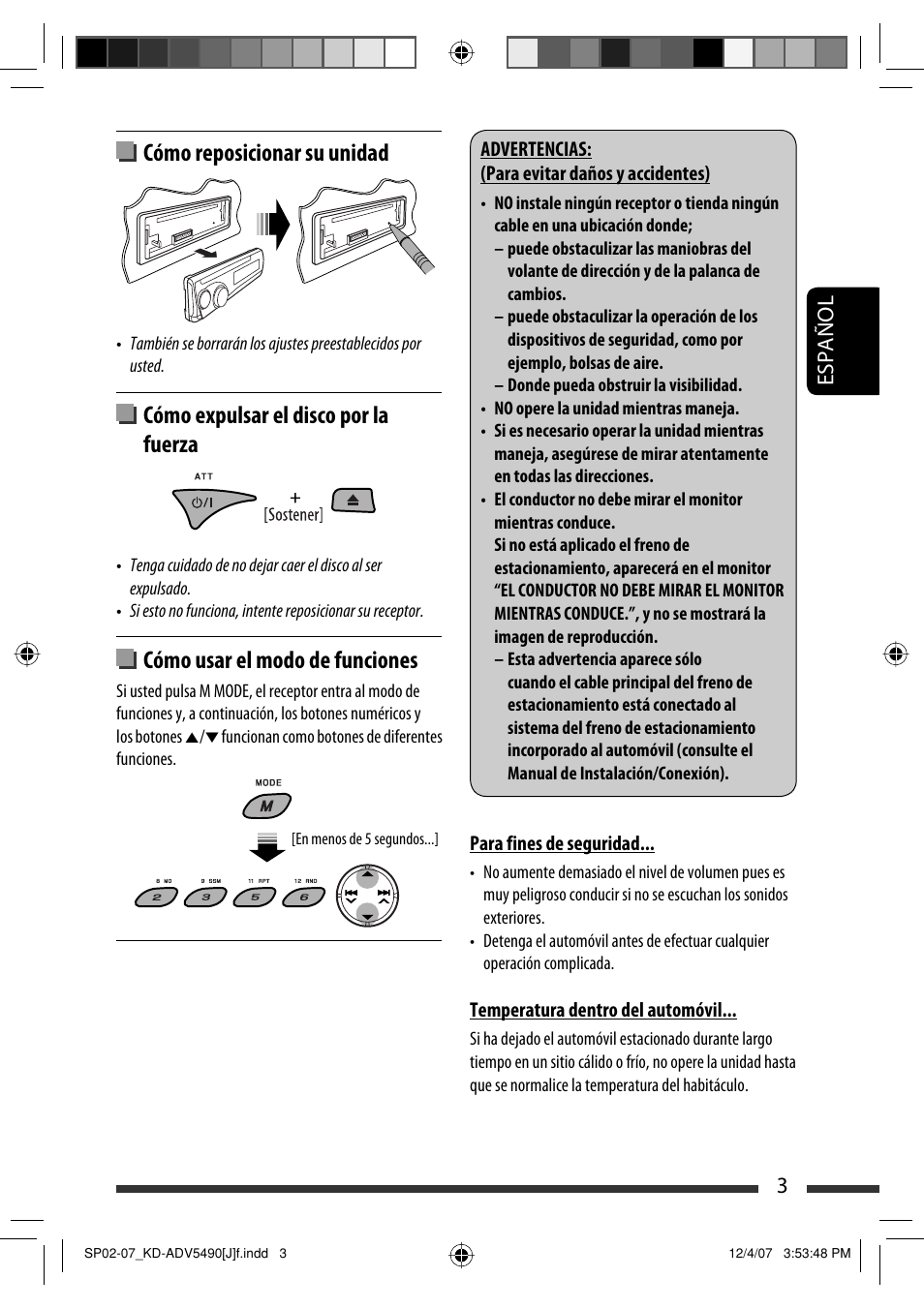 Cómo reposicionar su unidad, Cómo expulsar el disco por la fuerza, Cómo usar el modo de funciones | Español 3 | JVC KD-DV5400 User Manual | Page 45 / 129