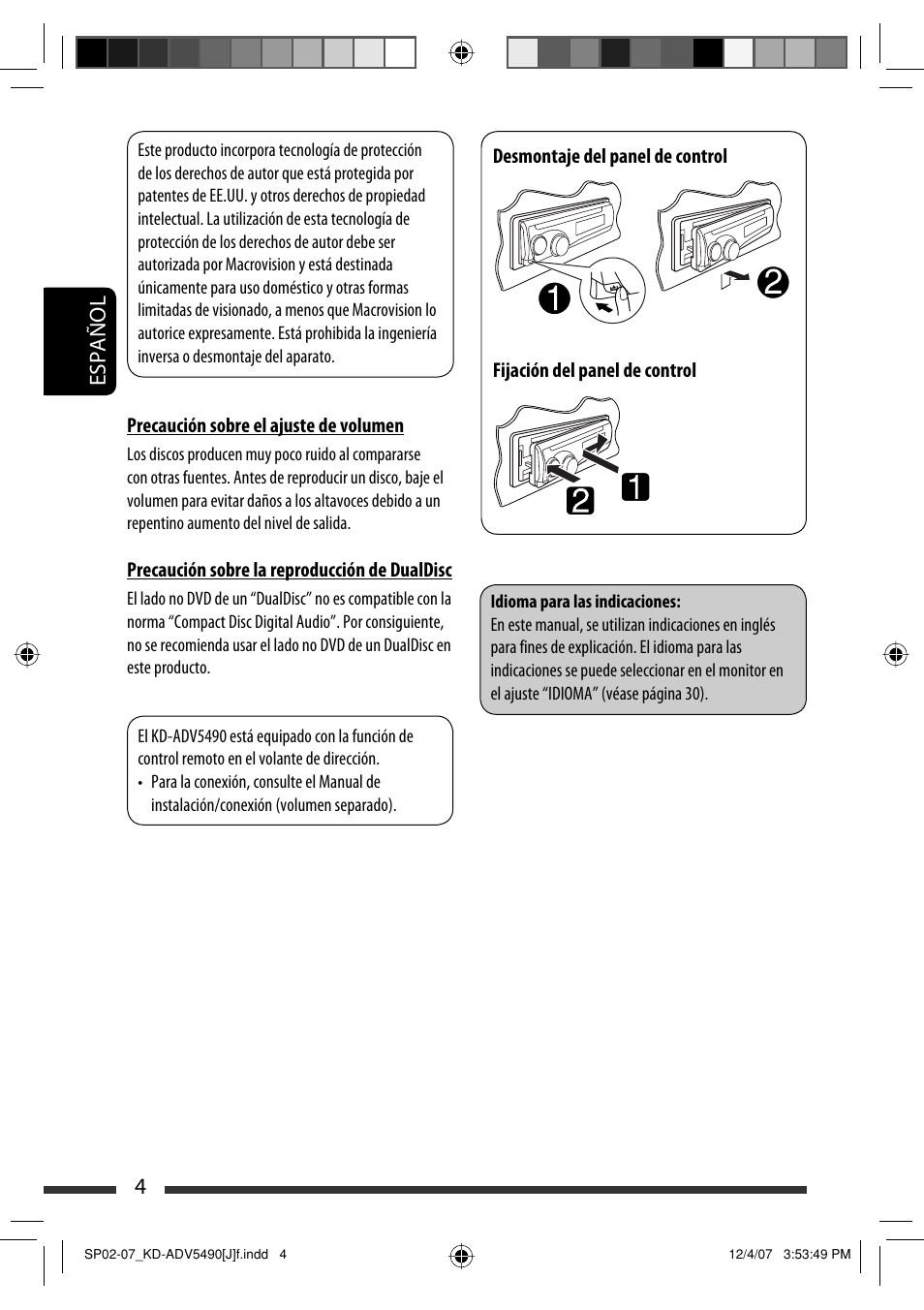 Español 4 | JVC KD-DV5400 User Manual | Page 46 / 129