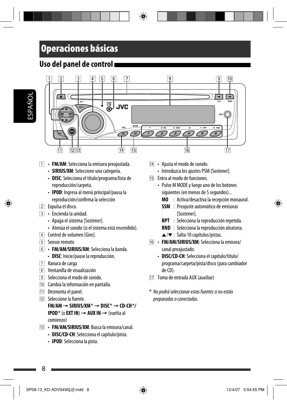 Operaciones básicas, Uso del panel de control, Español 8 | JVC KD-DV5400 User Manual | Page 50 / 129