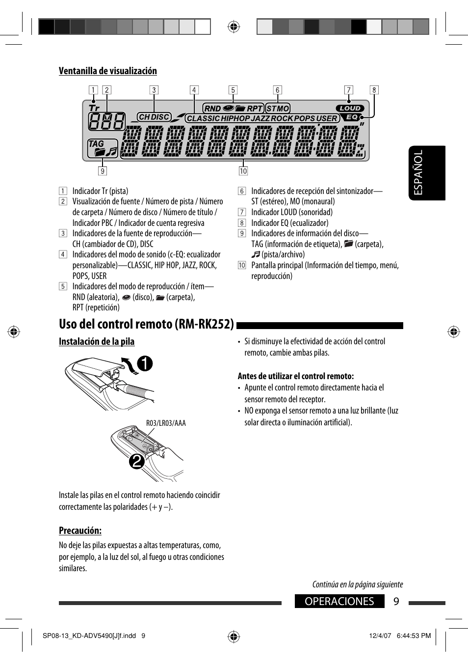 Uso del control remoto (rm-rk252), Español 9 operaciones | JVC KD-DV5400 User Manual | Page 51 / 129