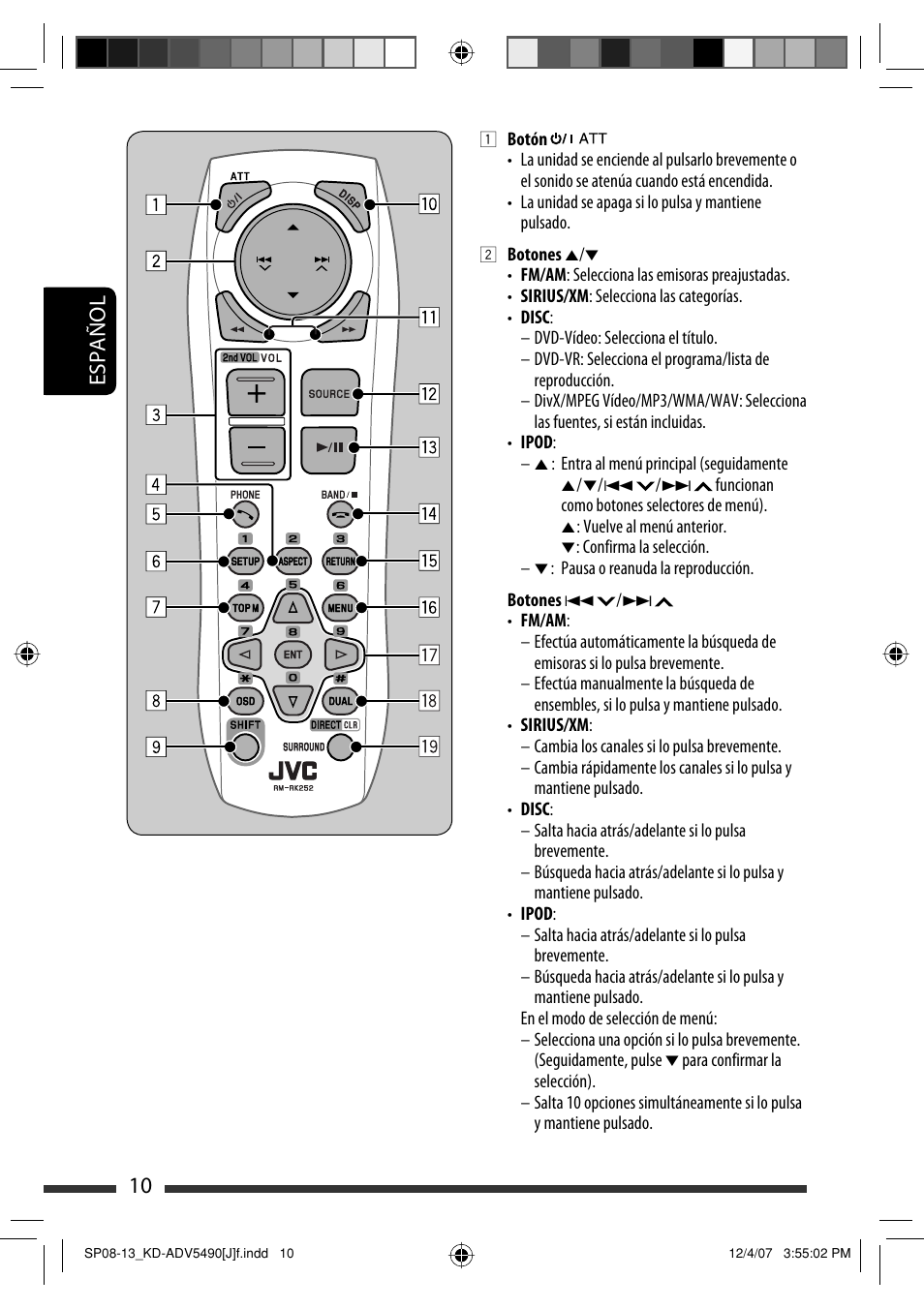 Español 10 | JVC KD-DV5400 User Manual | Page 52 / 129