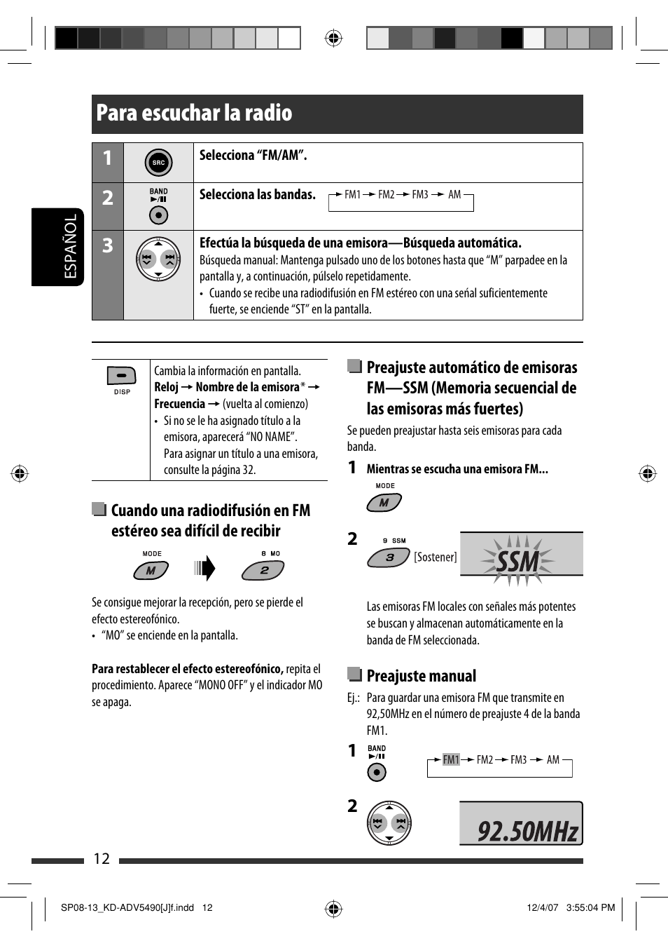Para escuchar la radio, Preajuste manual | JVC KD-DV5400 User Manual | Page 54 / 129