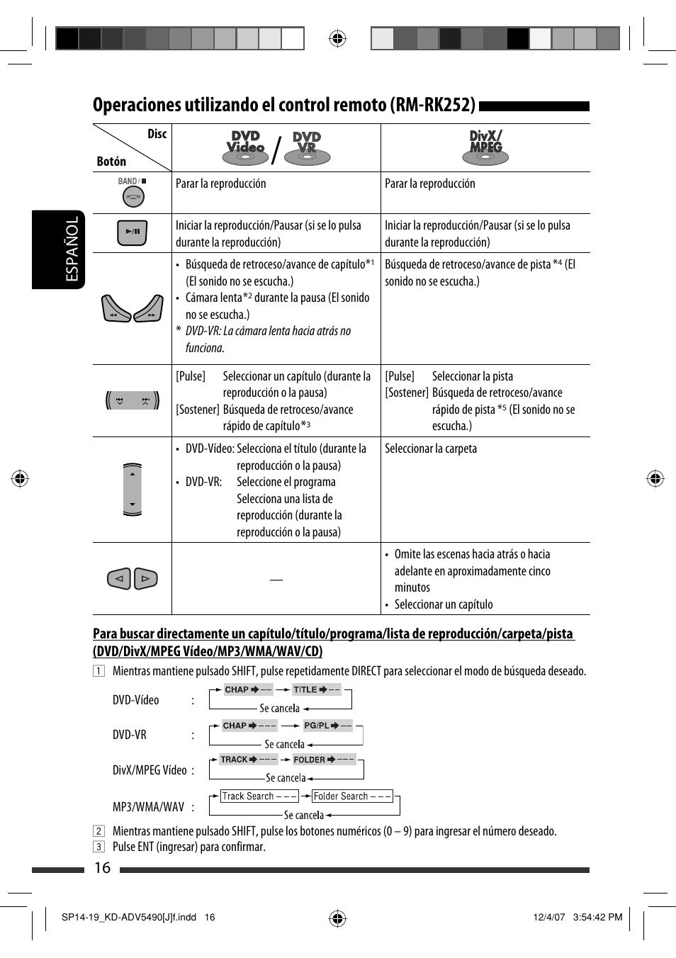 Español 16 | JVC KD-DV5400 User Manual | Page 58 / 129