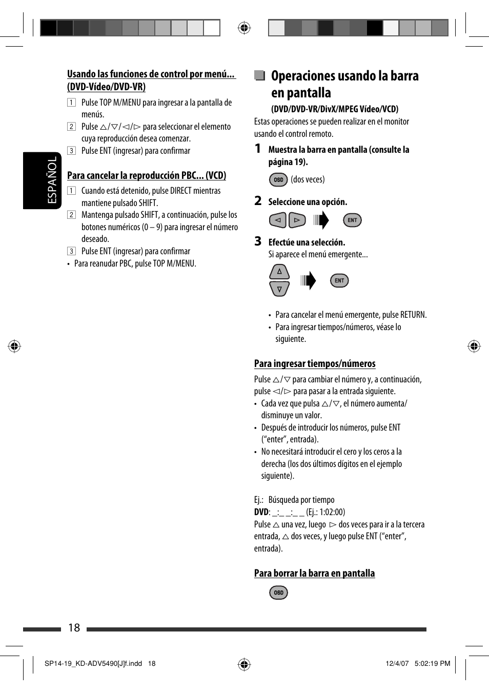 Operaciones usando la barra en pantalla, Español 18 | JVC KD-DV5400 User Manual | Page 60 / 129