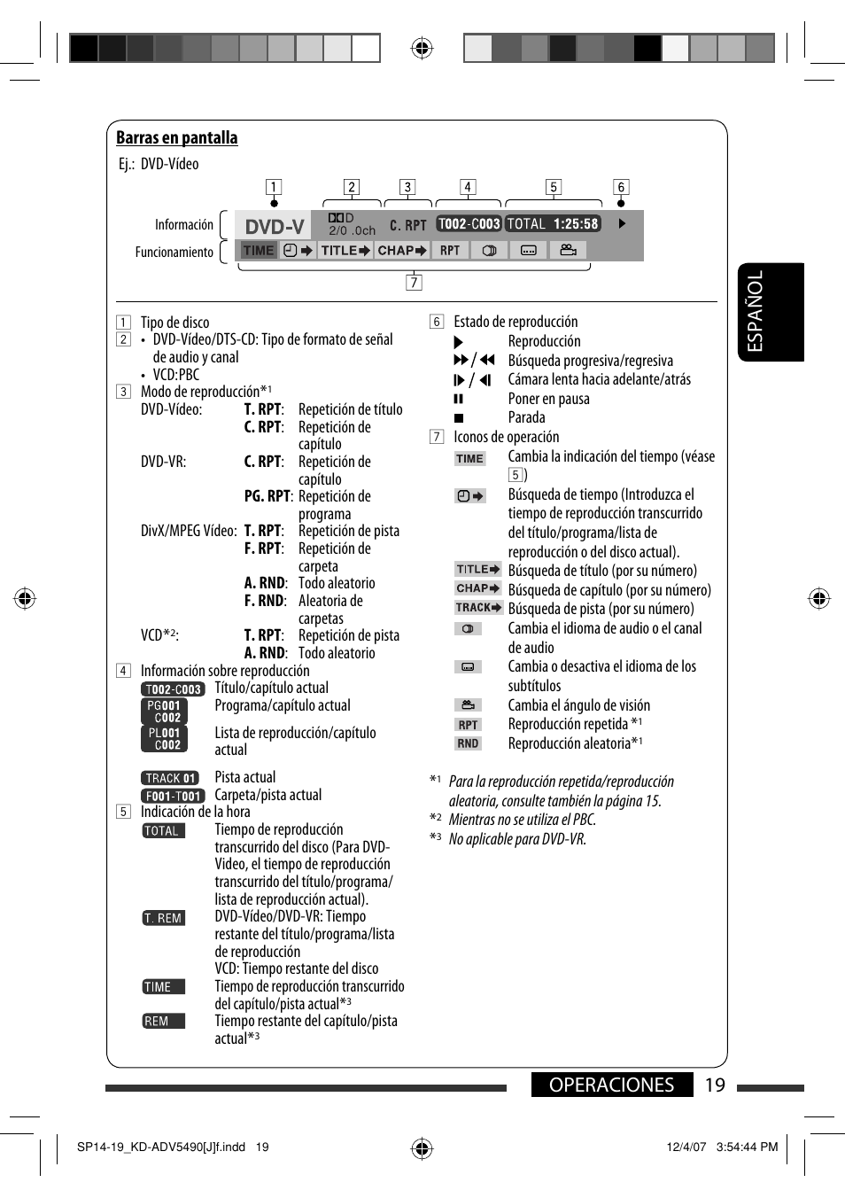 Español 19 operaciones | JVC KD-DV5400 User Manual | Page 61 / 129