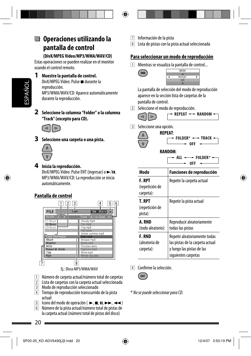 Operaciones utilizando la pantalla de control, Español 20 | JVC KD-DV5400 User Manual | Page 62 / 129