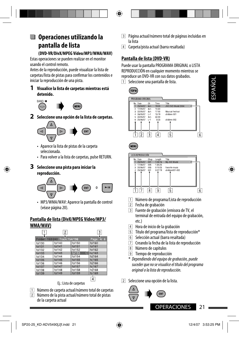 Operaciones utilizando la pantalla de lista, Español 21 operaciones | JVC KD-DV5400 User Manual | Page 63 / 129