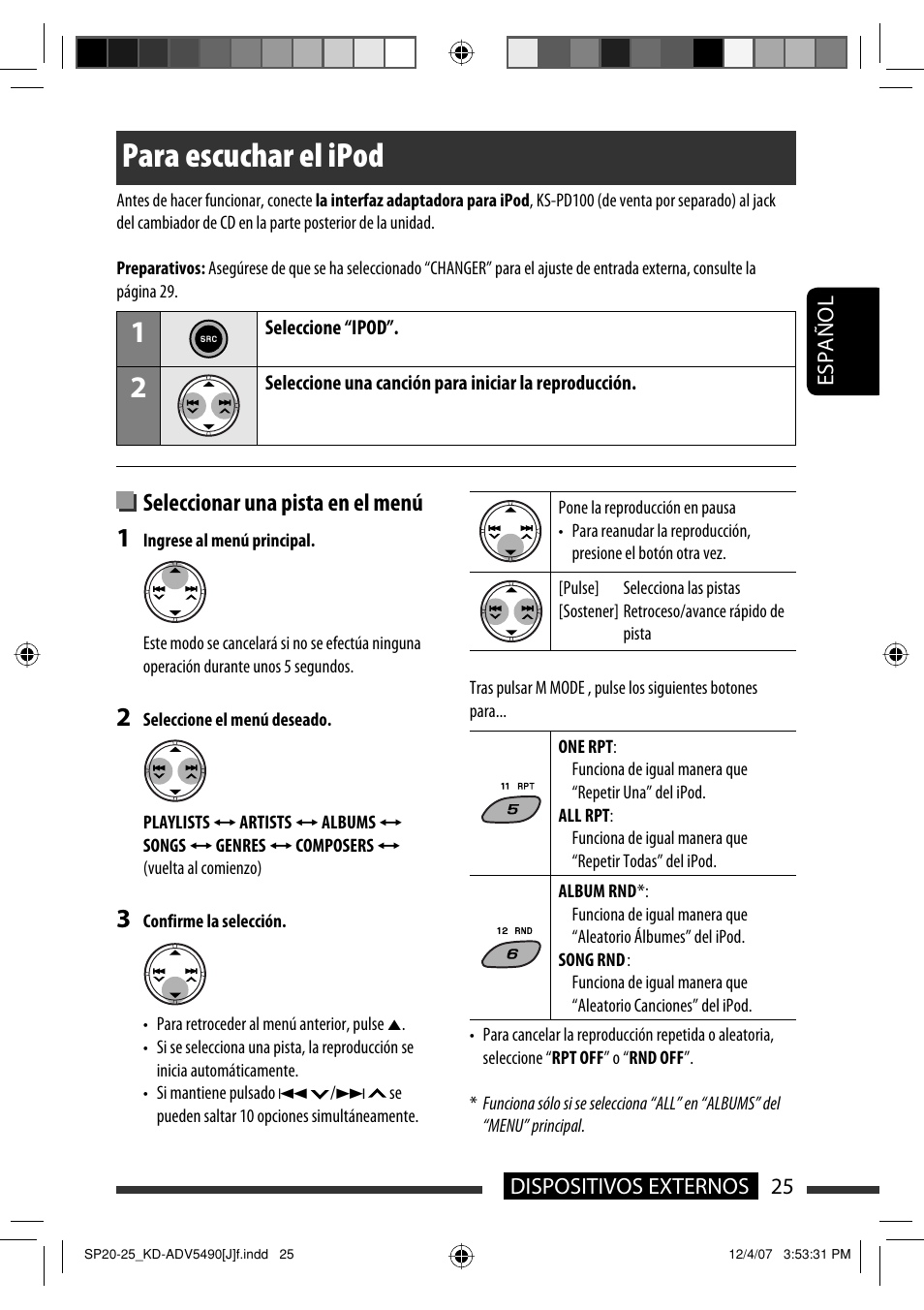 Para escuchar el ipod, Seleccionar una pista en el menú | JVC KD-DV5400 User Manual | Page 67 / 129