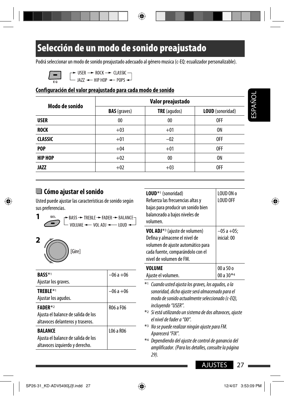 Selección de un modo de sonido preajustado, Cómo ajustar el sonido, Español 27 ajustes | JVC KD-DV5400 User Manual | Page 69 / 129