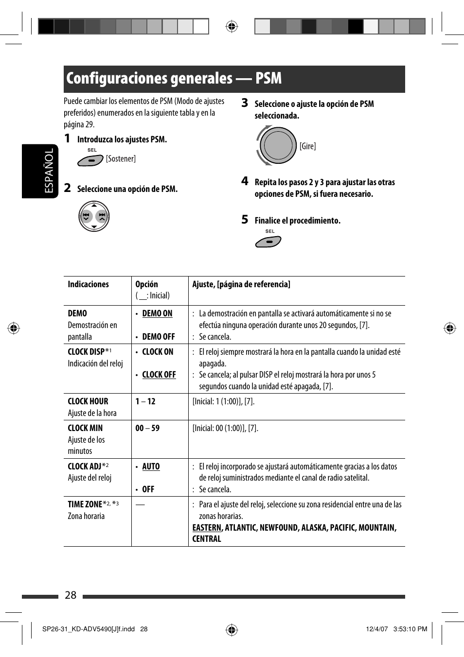 Configuraciones generales — psm, Español 28 | JVC KD-DV5400 User Manual | Page 70 / 129