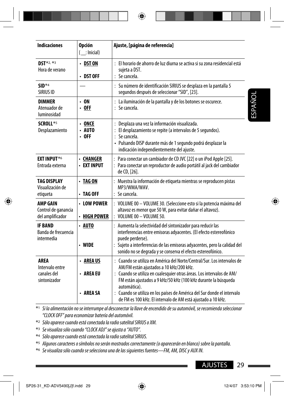 Español 29 ajustes | JVC KD-DV5400 User Manual | Page 71 / 129
