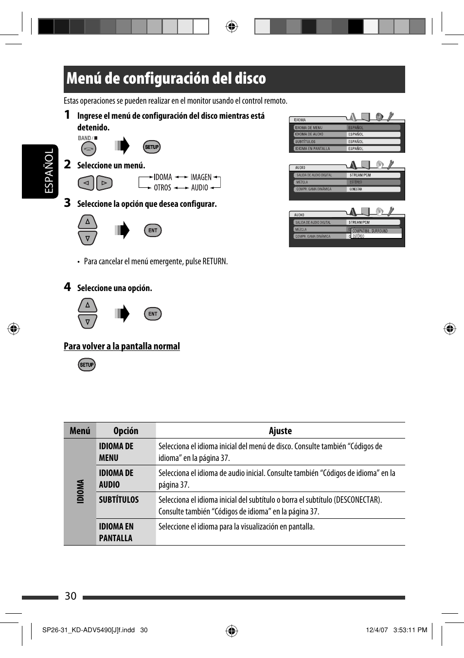 Menú de configuración del disco | JVC KD-DV5400 User Manual | Page 72 / 129