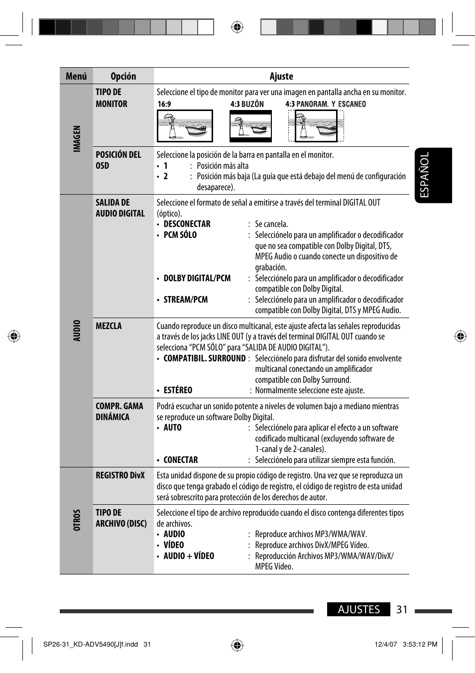 Español 31 ajustes | JVC KD-DV5400 User Manual | Page 73 / 129