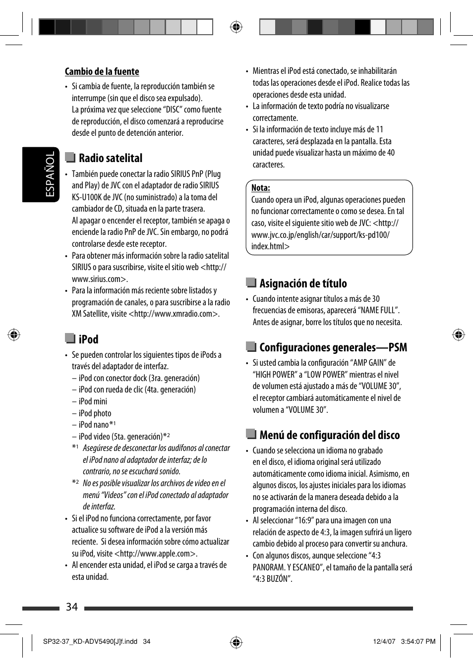 Radio satelital, Ipod, Asignación de título | Configuraciones generales—psm, Menú de configuración del disco, Español 34 | JVC KD-DV5400 User Manual | Page 76 / 129