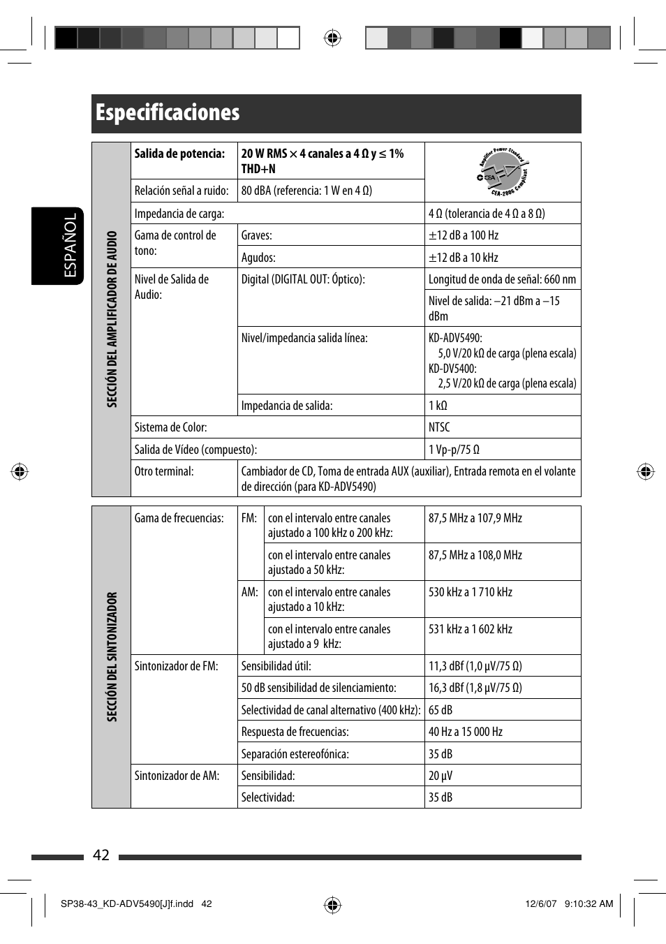 Especificaciones, Español 42 | JVC KD-DV5400 User Manual | Page 84 / 129