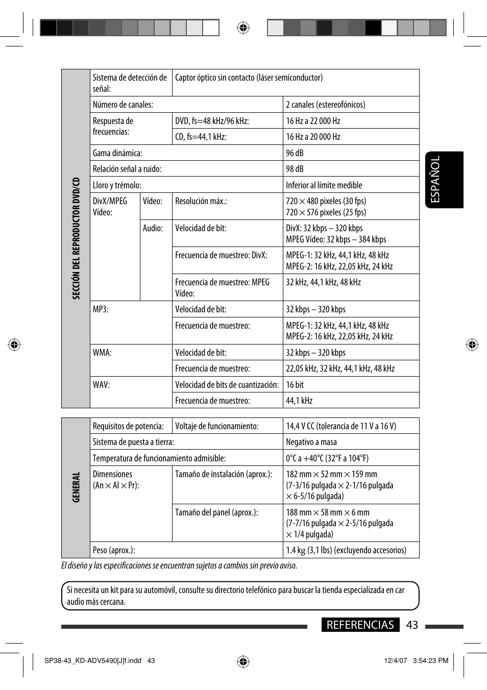 Español 43 referencias | JVC KD-DV5400 User Manual | Page 85 / 129