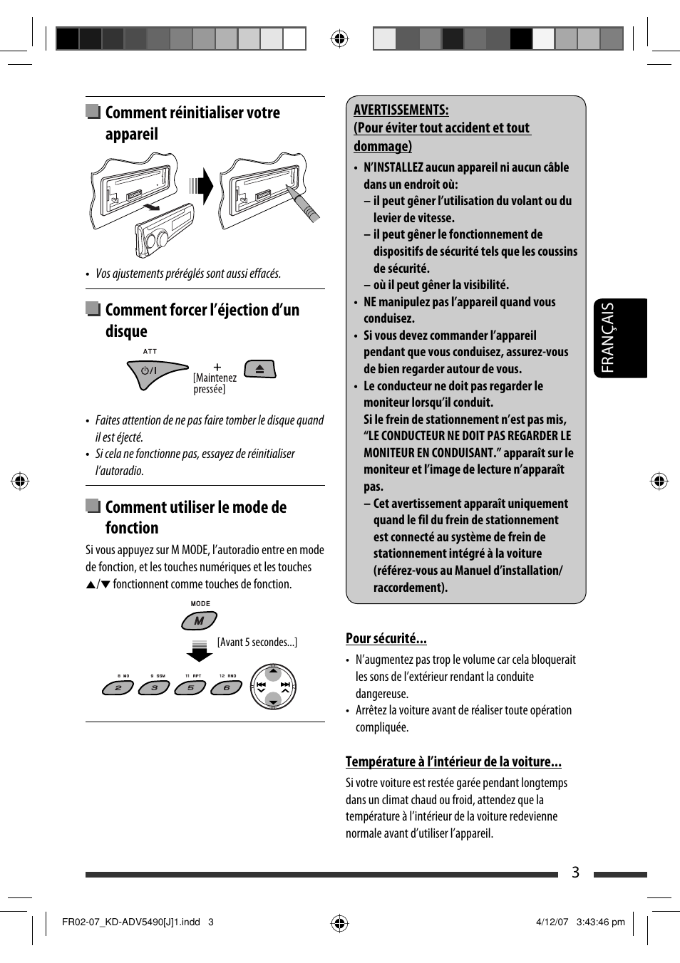 Comment réinitialiser votre appareil, Comment forcer l’éjection d’un disque, Comment utiliser le mode de fonction | Français 3 | JVC KD-DV5400 User Manual | Page 87 / 129