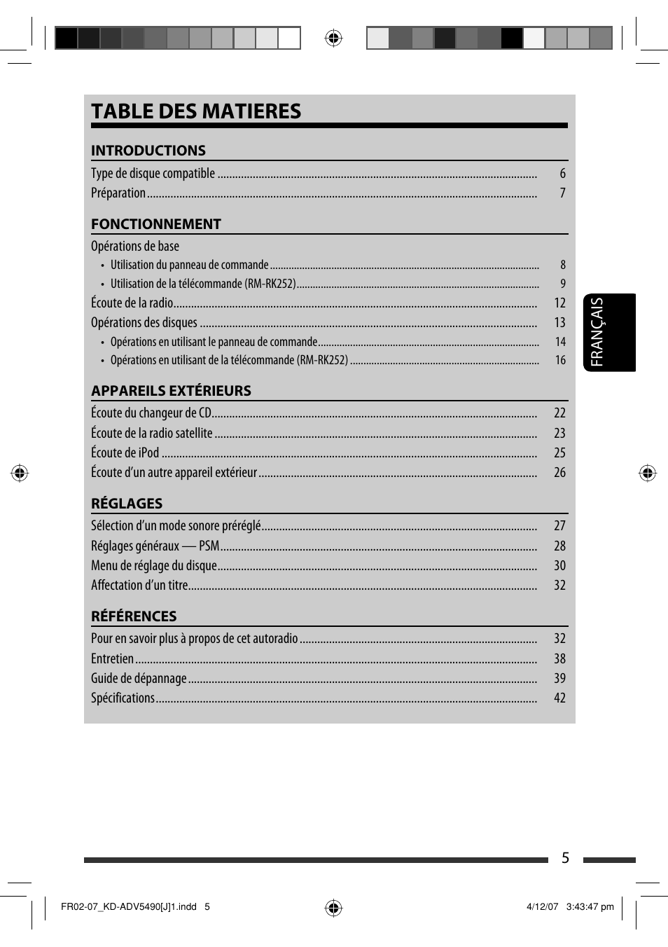 Table des matieres | JVC KD-DV5400 User Manual | Page 89 / 129