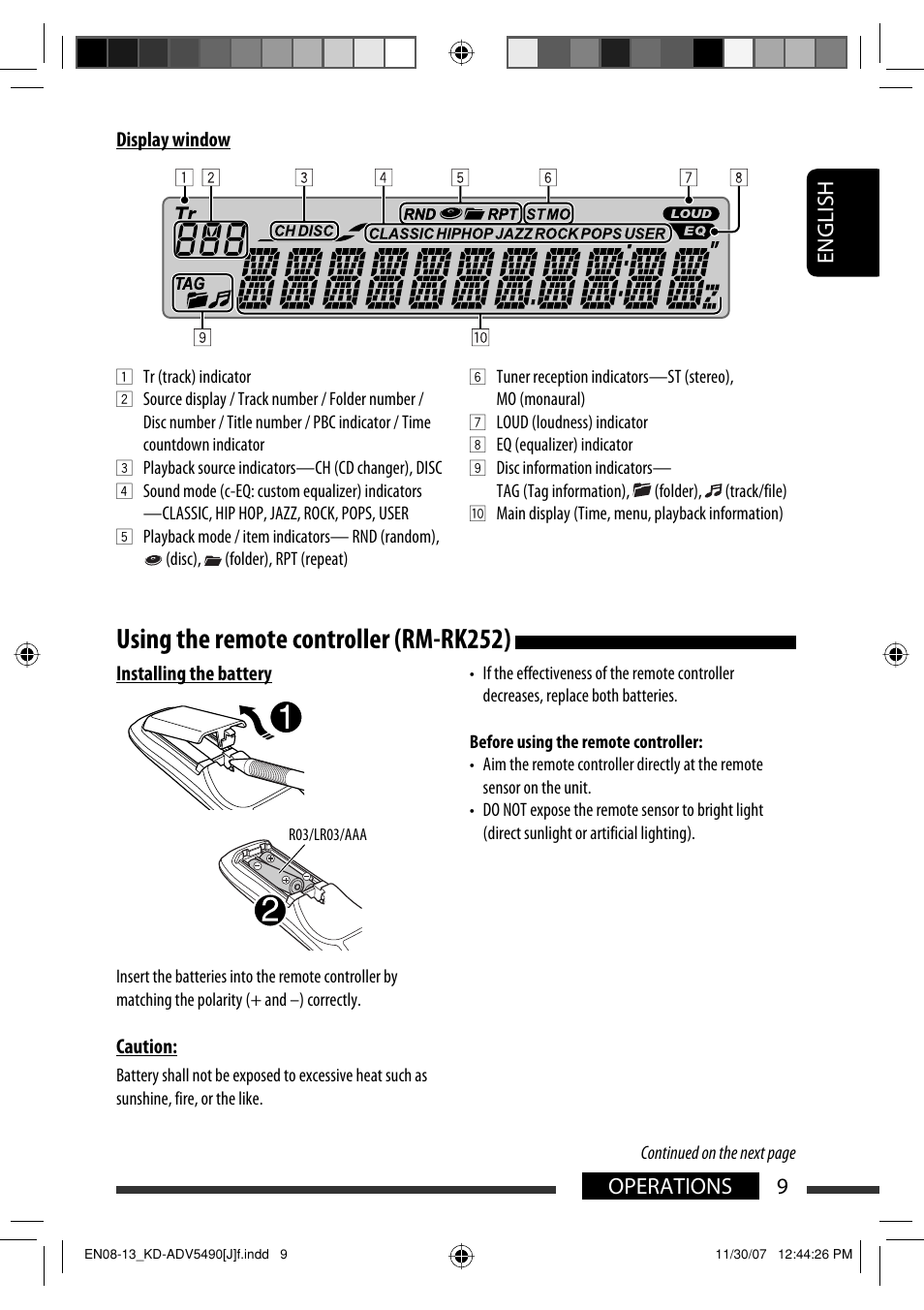 Using the remote controller (rm-rk252), English 9 operations | JVC KD-DV5400 User Manual | Page 9 / 129