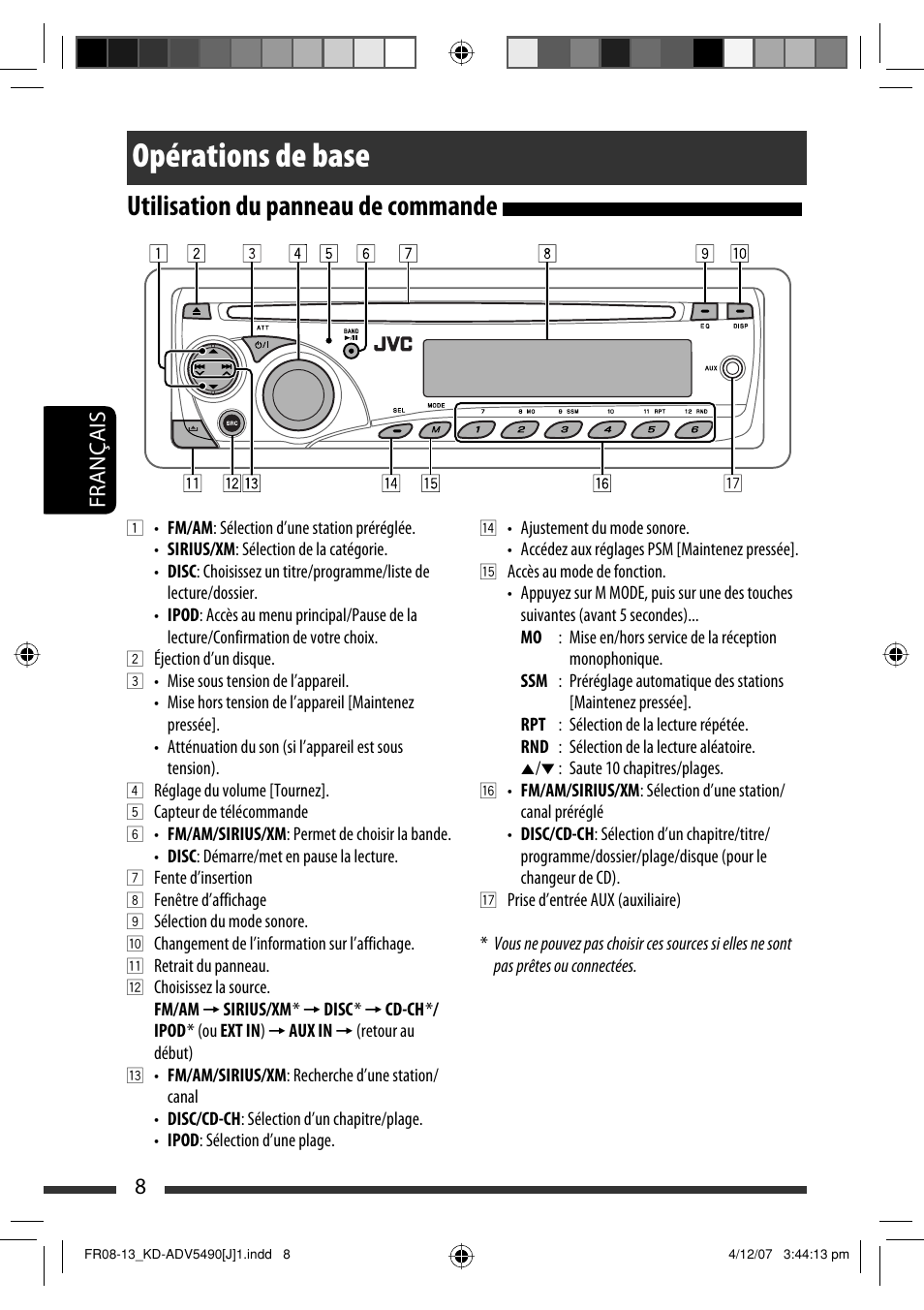 Opérations de base, Utilisation du panneau de commande, Français 8 | JVC KD-DV5400 User Manual | Page 92 / 129
