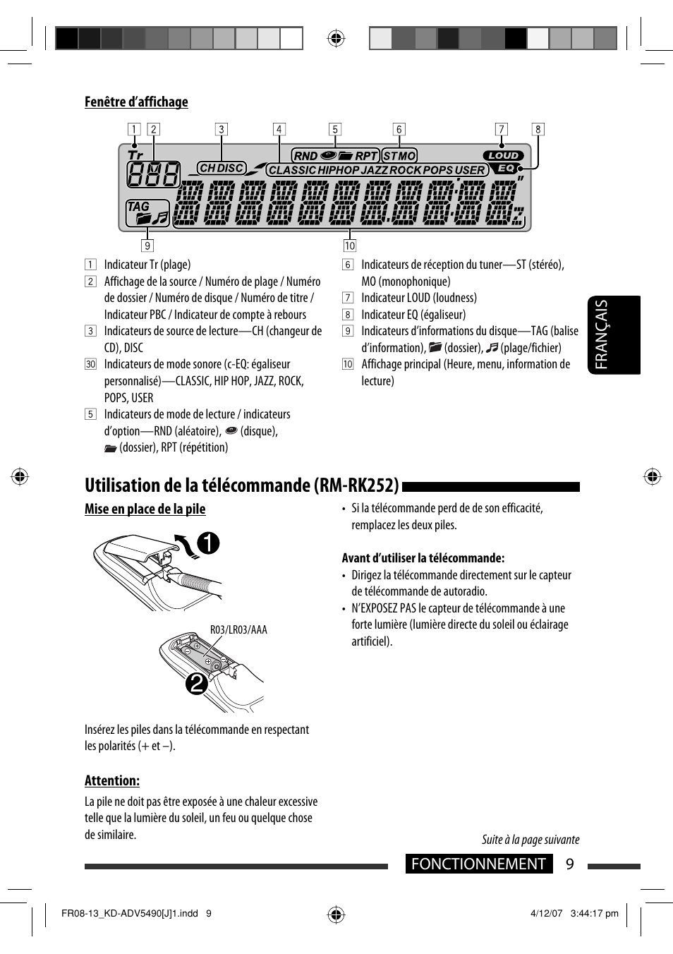 Utilisation de la télécommande (rm-rk252), Français 9 fonctionnement | JVC KD-DV5400 User Manual | Page 93 / 129
